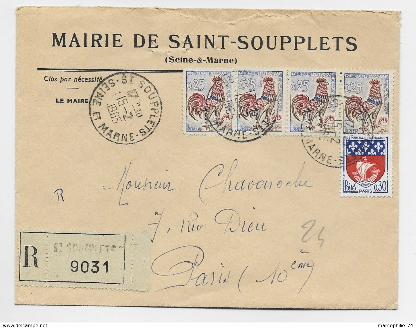 COQ DECARIS 25C BANDE DE 4+ 30C BLASON LETTRE REC SAINT SOUPPLETS 15.2.1965 SEINE ET MARNE - 1962-1965 Cock Of Decaris