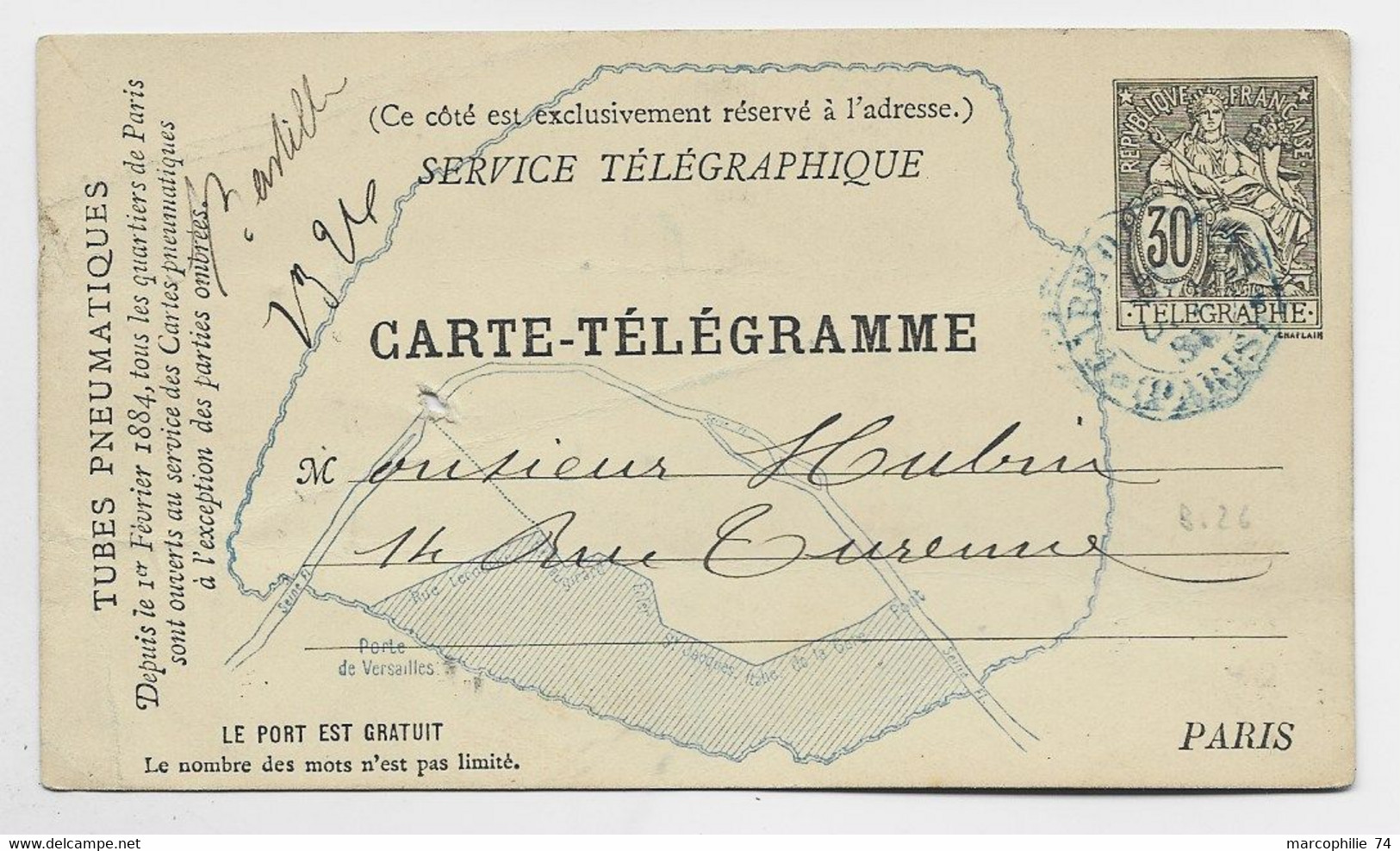 ENTIER 30C CHAPLAIN CARTE TELEGRAMME C. BLEU PARIS 1884 - 1877-1920: Semi-Moderne