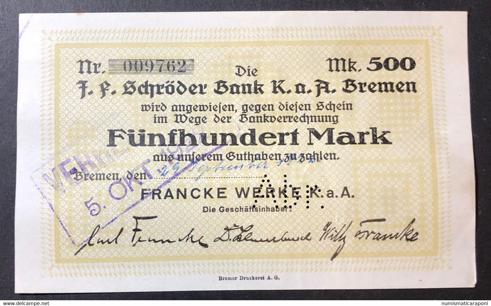 GERMANIA ALEMANIA GERMANY Bremen 500 Mark 1922 LOTTO 3908 - Amministrazione Del Debito