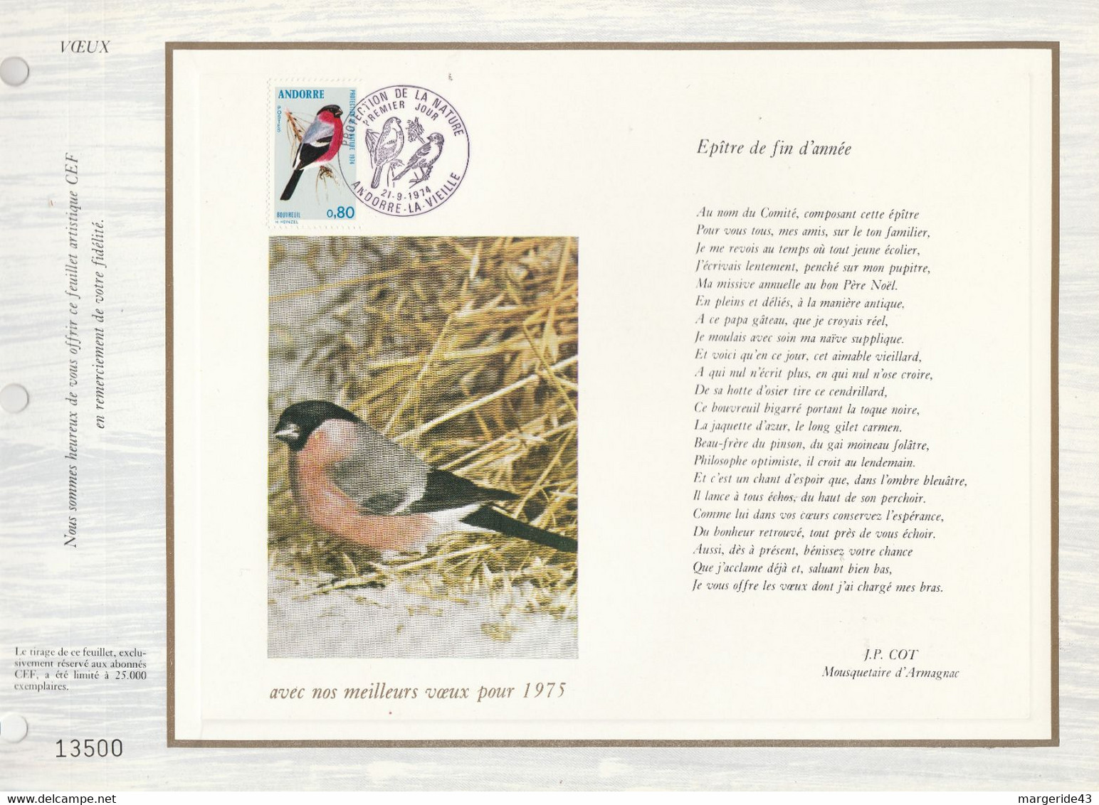 DOCUMENT FDC 1974 BOUVREUIL - Sparrows