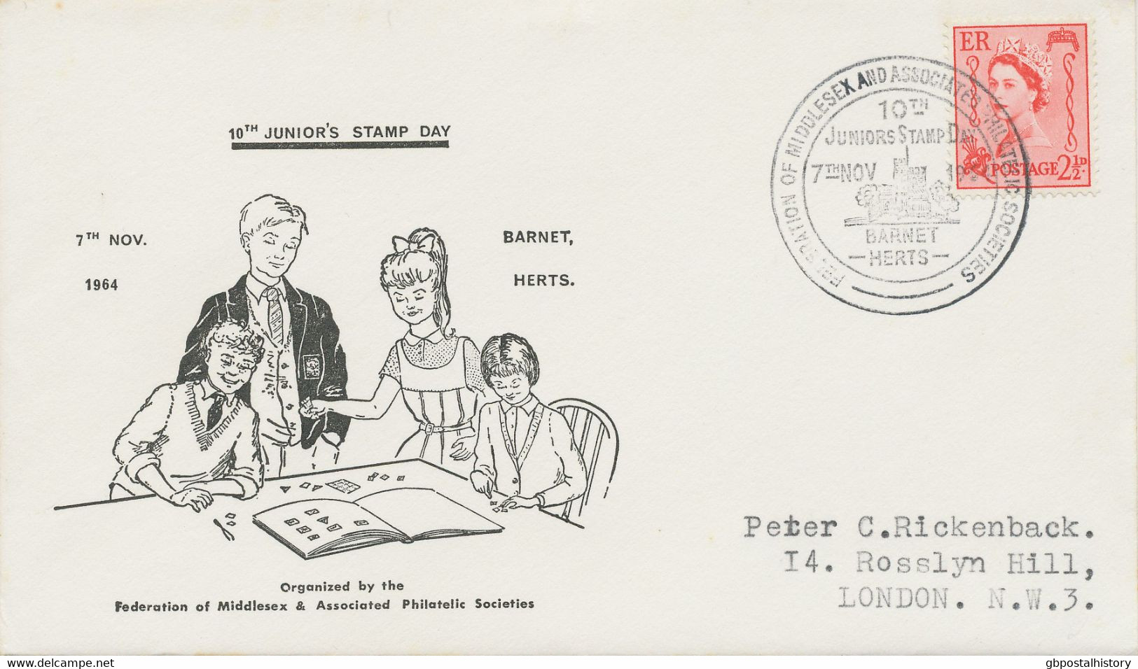 GB SPECIAL EVENT POSTMARK 1964 FEDERATION OF MIDDLESEX PHILATELIC SOCIEITIES JUNIORS STAMP DAY BARNET, HERTS - Lettres & Documents