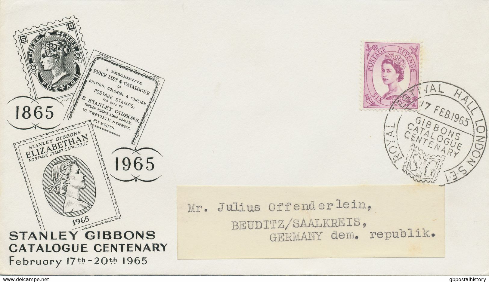 GB SPECIAL EVENT POSTMARK 1965 ROYAL FESTIVAL HALL LONDON S.E.1 GIBBONS CATALOGUE CENTENARY To The German Democratic Rep - Lettres & Documents
