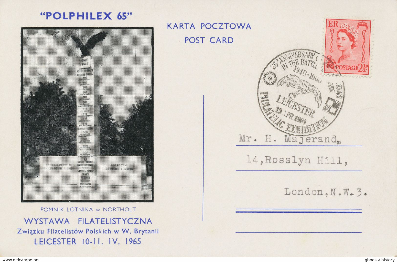 GB SPECIAL EVENT POSTMARK 1965 25TH ANNIVERSARY OF POLISH WINGS IN THE BATTLE OF BRITAIN PHILATELIC EXHIBITION LEICESTER - Lettres & Documents