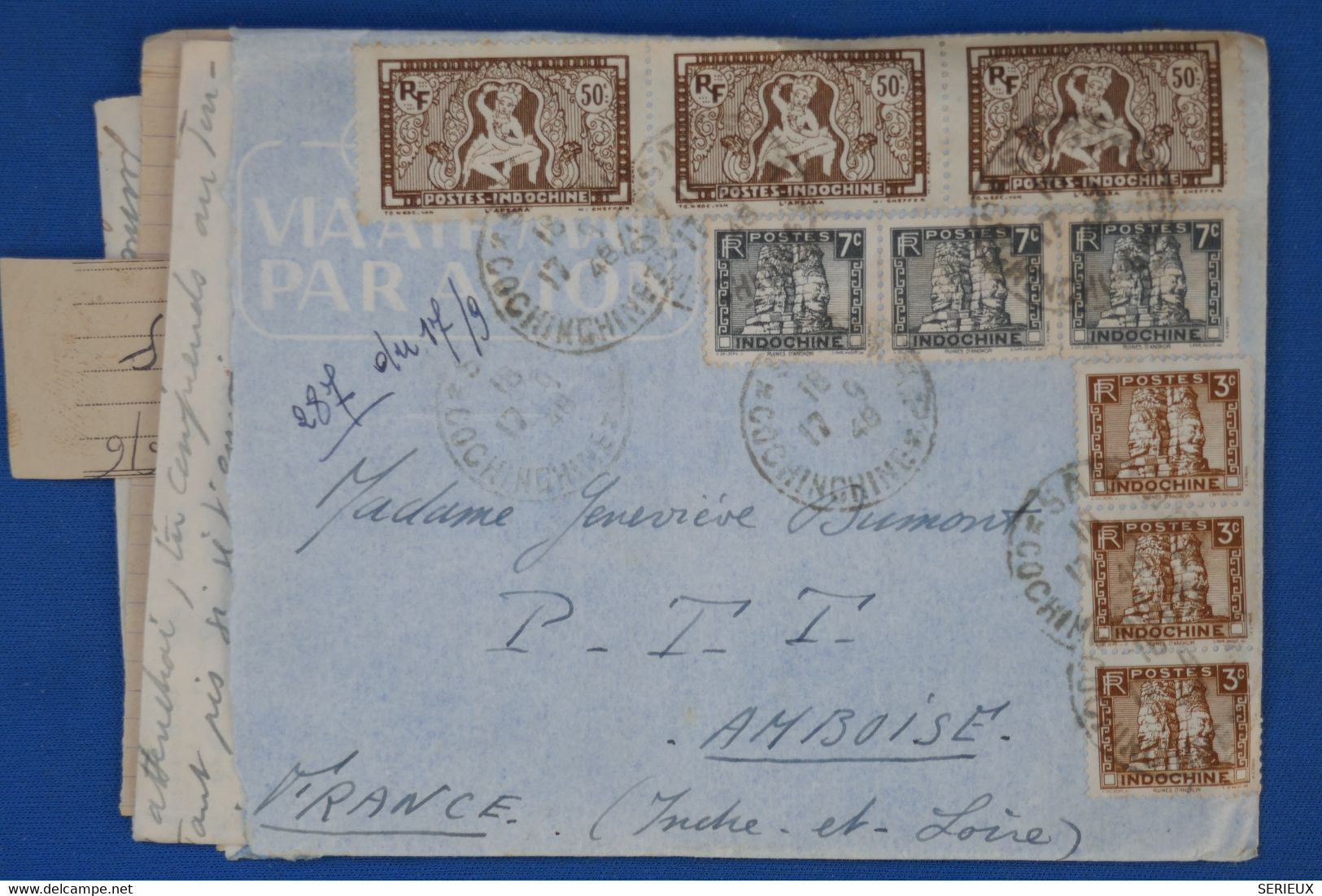 AV11 INDOCHINE  LETTRE D UNE PURE ARCHIVE  .TOUCHANT 1948 +TEMOIGNAGE BLASON LEGION +UN TICKET  + AFFR. INTERESSANT - Storia Postale