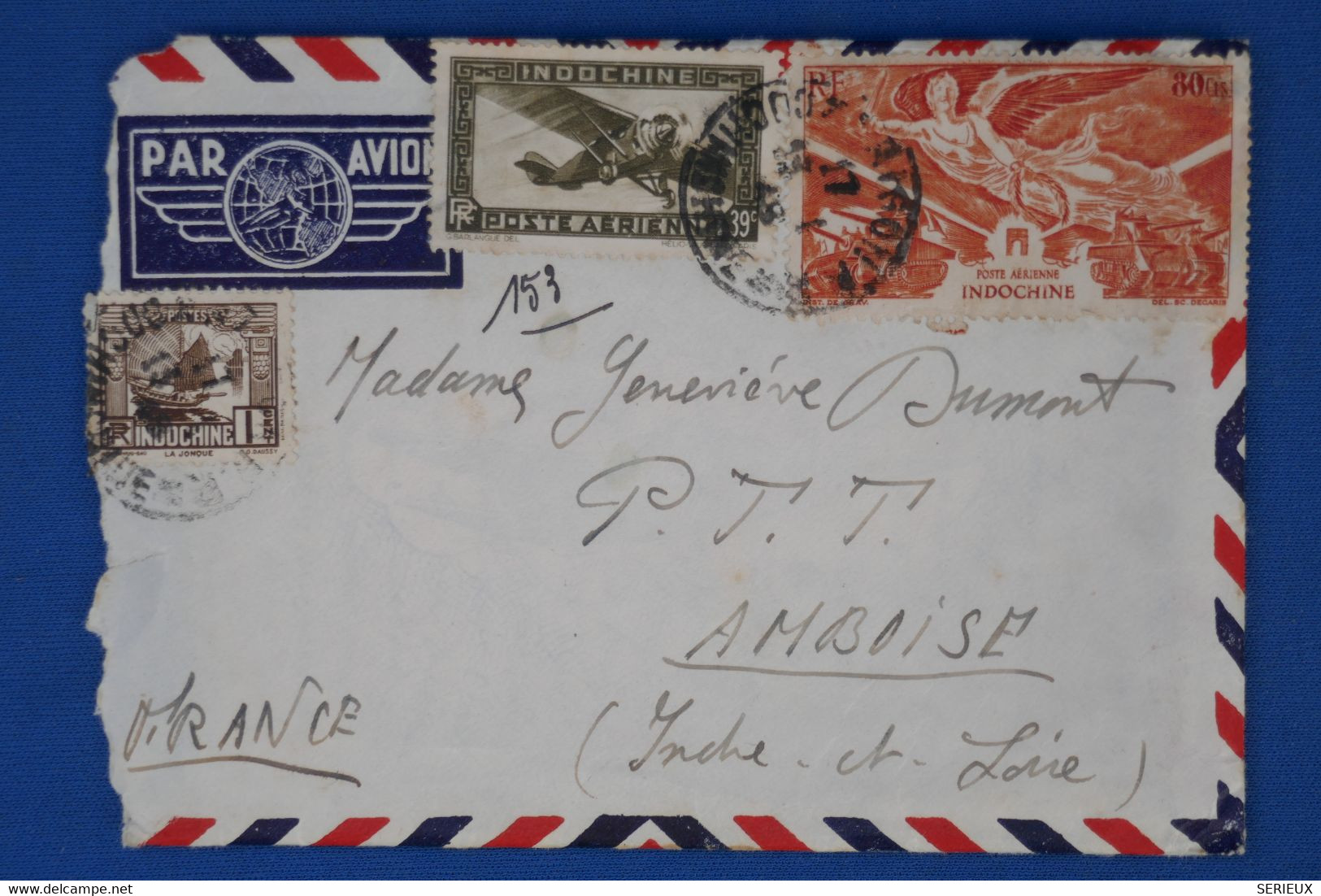 AV11 INDOCHINE  LETTRE D UNE PURE ARCHIVE DUMONT .TOUCHANT 1949  POUR AMBOISE  +TEMOIGNAGE+ AFFR. INTERESSANT - Storia Postale