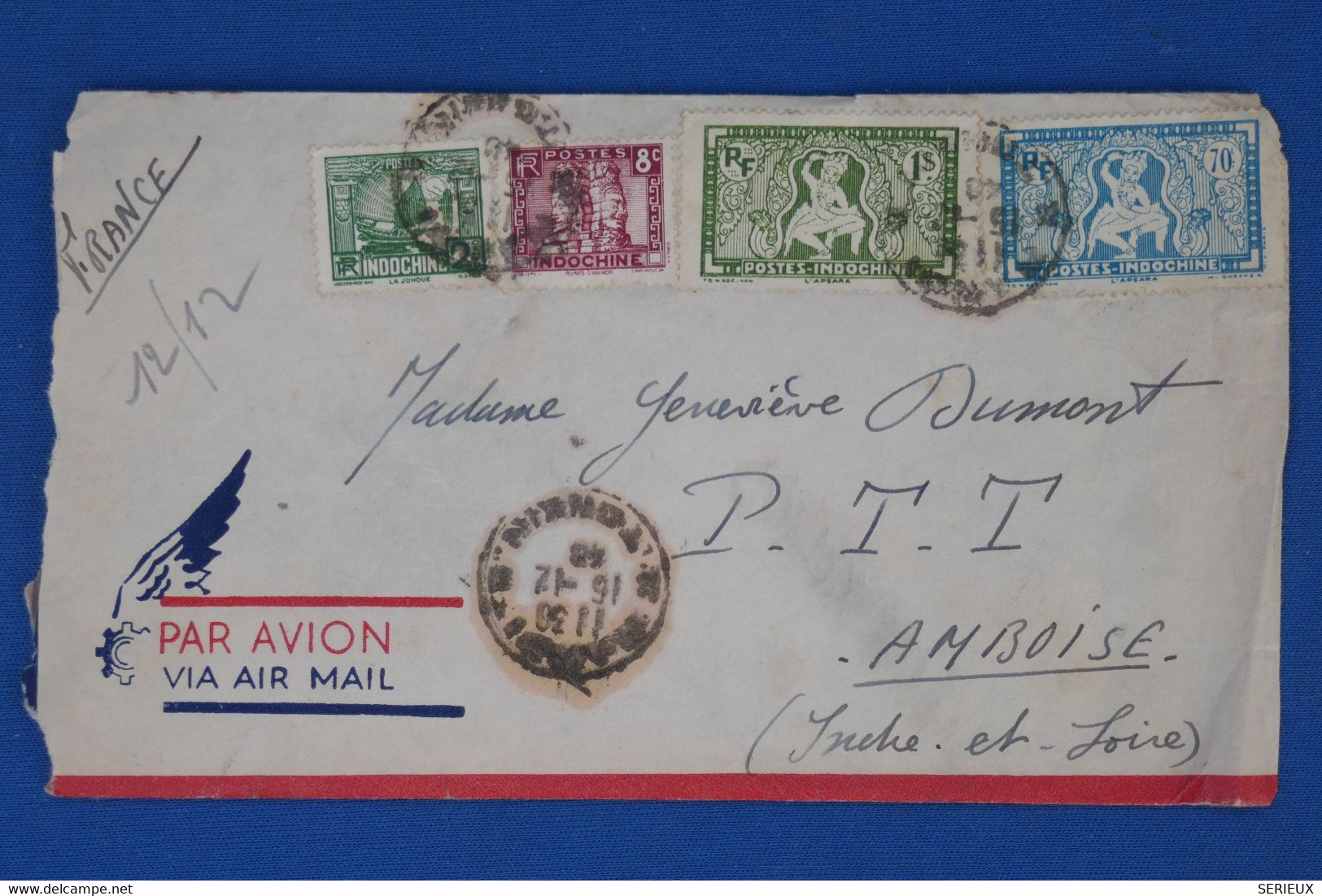 AV11 INDOCHINE  LETTRE  PURE ARCHIVE DUMONT .TOUCHANT 1947  POUR AMBOISE FRANCE +TEMOIGNAGE+ CARTE + AFFR. INTERESSANT - Airmail