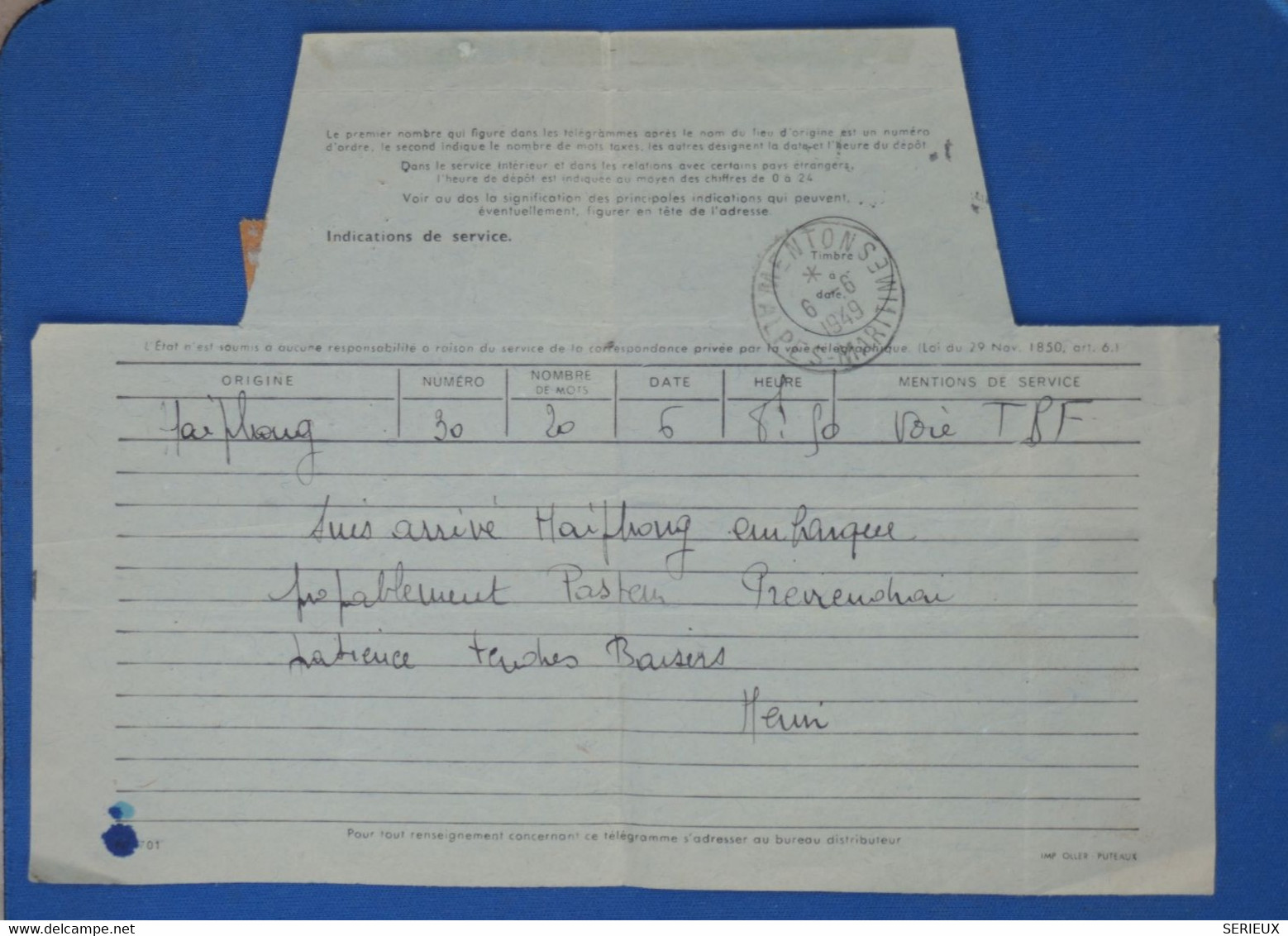 AV11 INDOCHINE   LETTRE AEROGRAMME   PURE ARCHIVE DUMONT .TOUCHANT 1949  HAIPHONG  +TEMOIGNAGE+++ - Briefe U. Dokumente