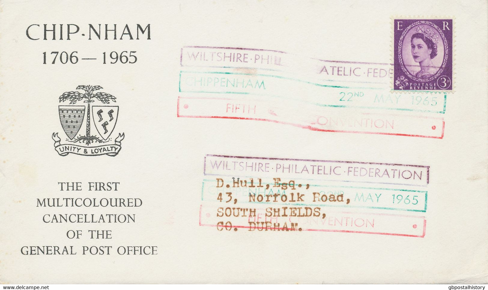 GB SPECIAL EVENT POSTMARK 1965 WILTSHIRE PHILATELIC FEDERATION FIFTH CONVENTION CHIPPENHAM - The First Multicoloured Can - Storia Postale