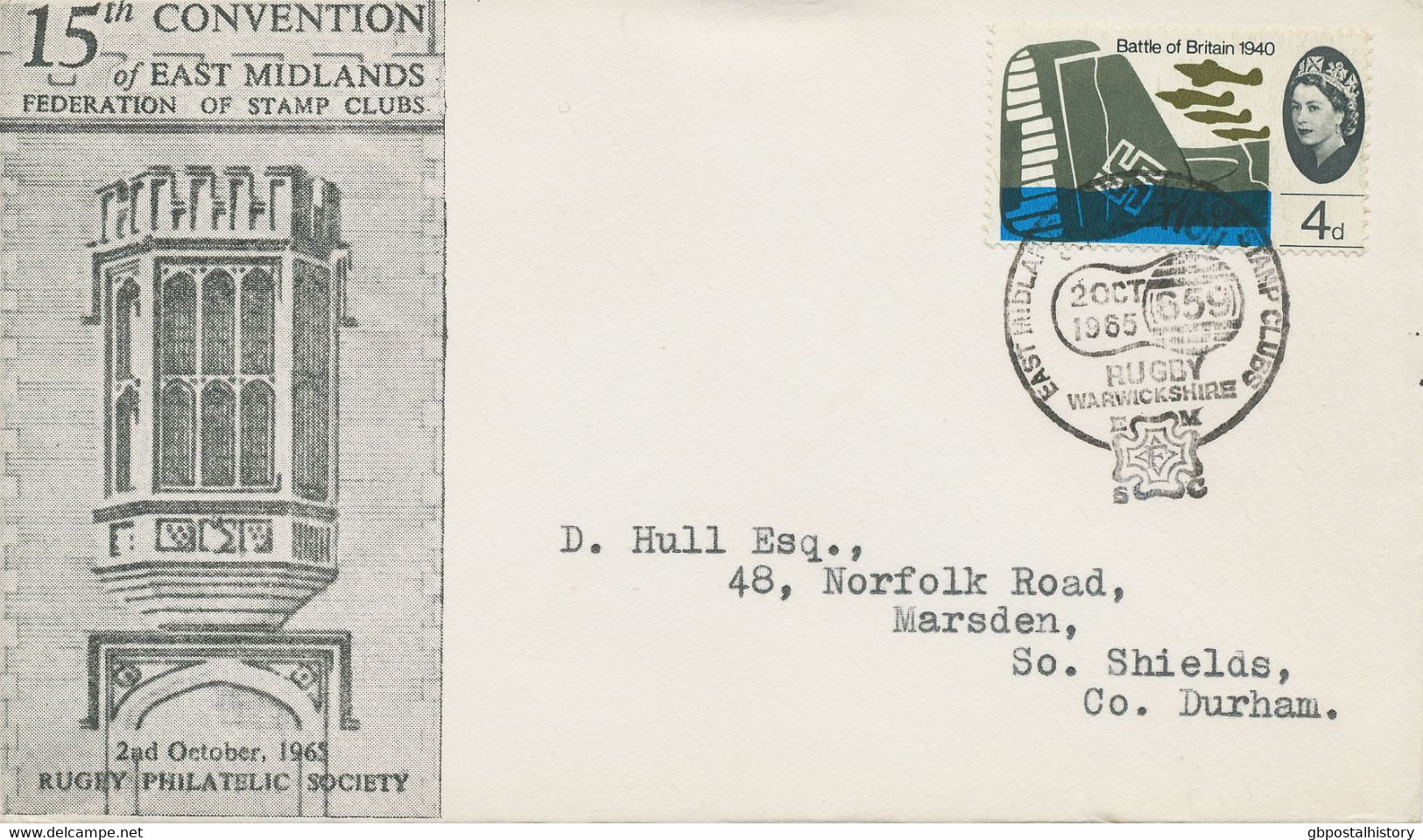 GB SPECIAL EVENT POSTMARK 1965 EAST MIDLANDS FEDERATION OF STAMP CLUBS CONVENTION RUGBY WARWICKSHIRE - Briefe U. Dokumente