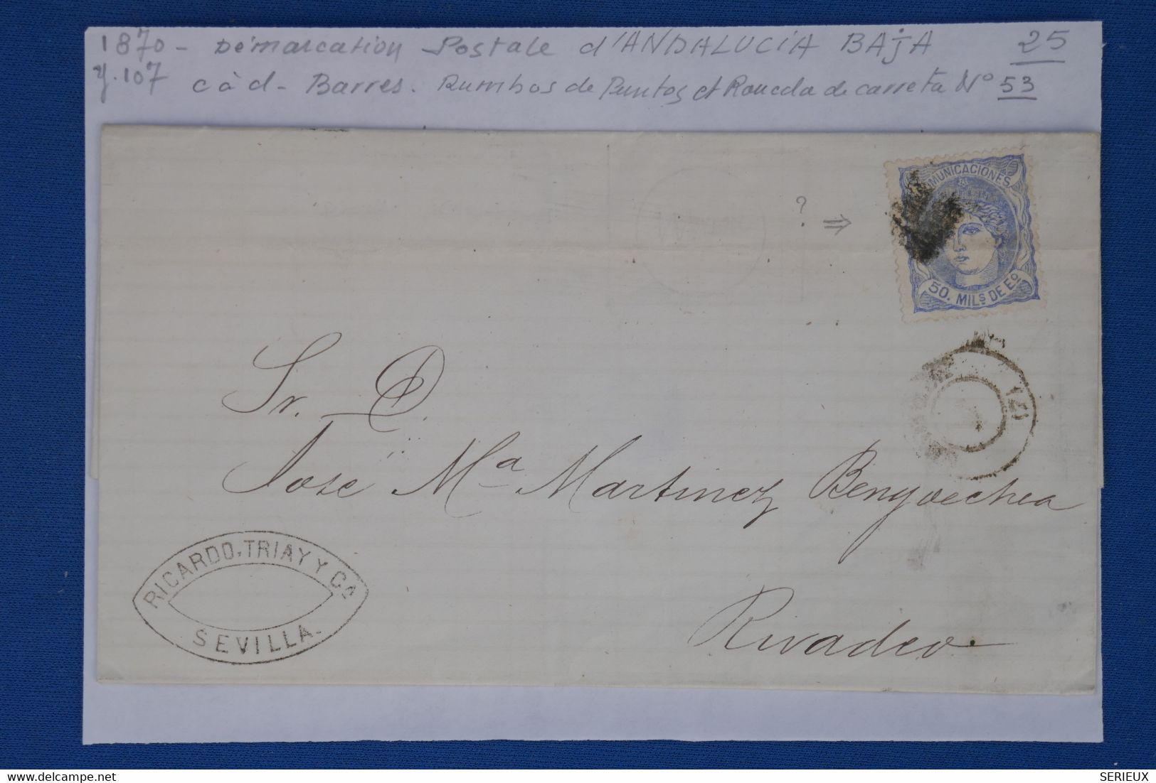 AV12 ESPANA BELLE LETTRE 1870  + ANDALUCIA   BAJA   SEVILLA  POUR RIVADEO    ++BARRES  ++++ AFFRANCH. INTERESSANT - Lettres & Documents