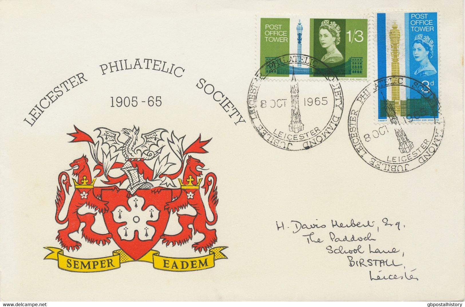 GB SPECIAL EVENT POSTMARK 1965 LEICESTER PHILATELIC SOCIETY DIAMOND JUBILEE LEICESTER - Extremly Rare FDC Postmark, R! - 1952-1971 Pre-Decimale Uitgaves