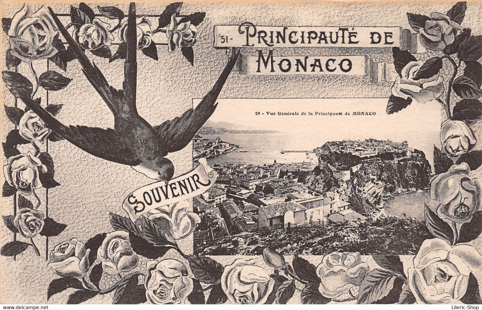 MONACO - Souvenir De La Principauté De Monaco (vue Générale) - Hirondelle Et Fleurs Cpa 1918 ( ͡♥ ͜ʖ ͡♥) ♥ - Tarjetas Panorámicas