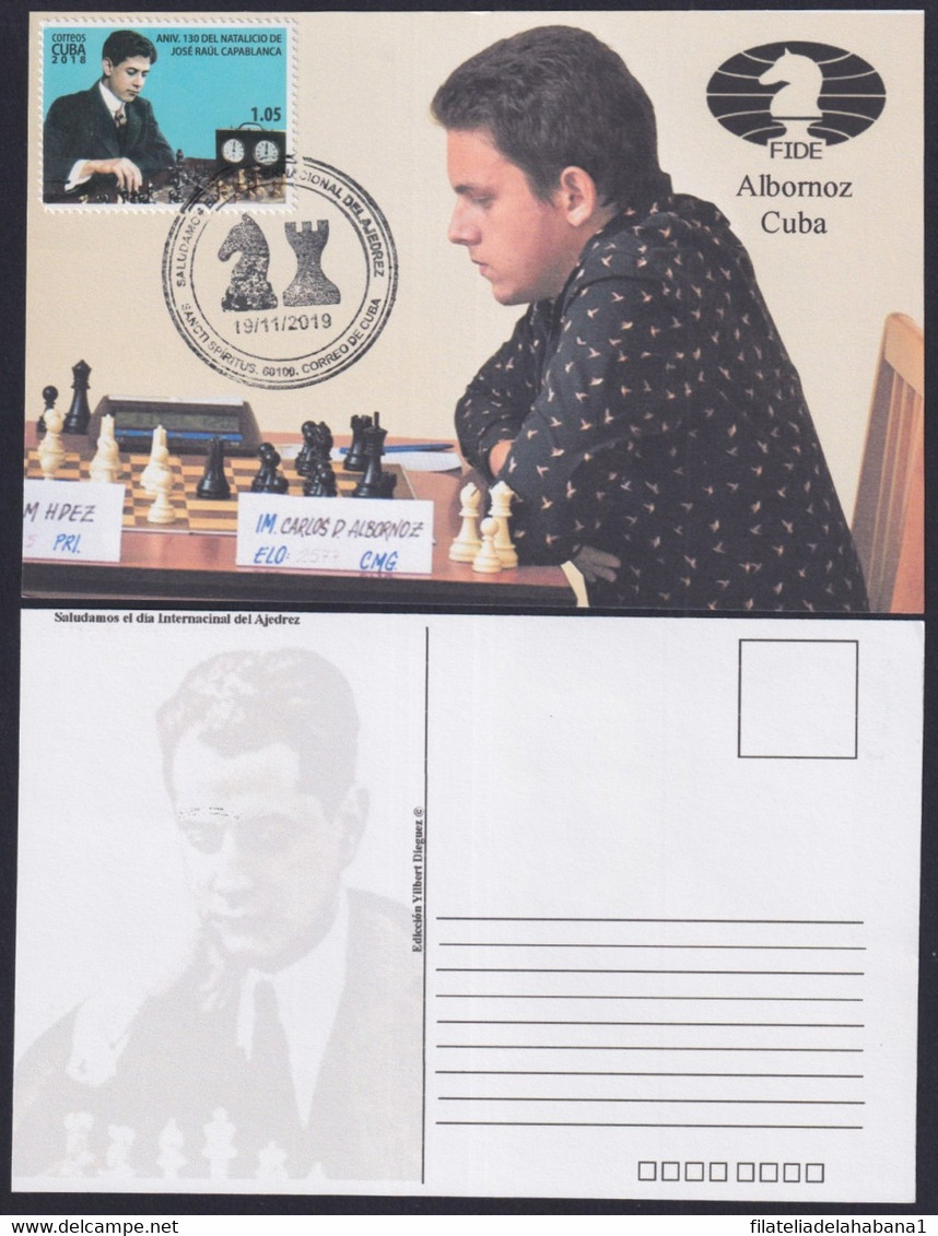 TMA-717 CUBA 2019 SPECIAL CANCEL MAXIM CARD. CHESS AJEDREZ ALBORNOZ. - Maximum Cards