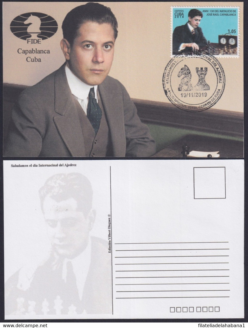 TMA-716 CUBA 2019 SPECIAL CANCEL MAXIM CARD. CHESS AJEDREZ JOSE RAUL CAPABLANCA. - Maximum Cards