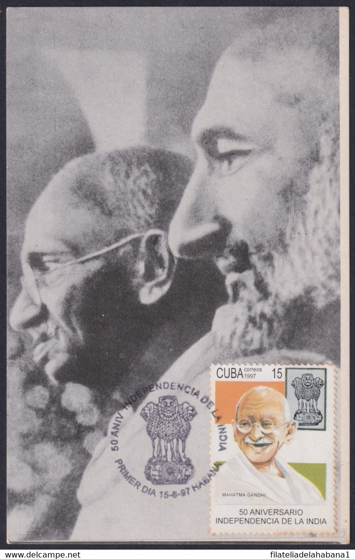 TMA-714 CUBA 1997 FDC SPECIAL CANCEL MAXIM CARD. INDIA MAHATMA GHANDI. - Maximum Cards