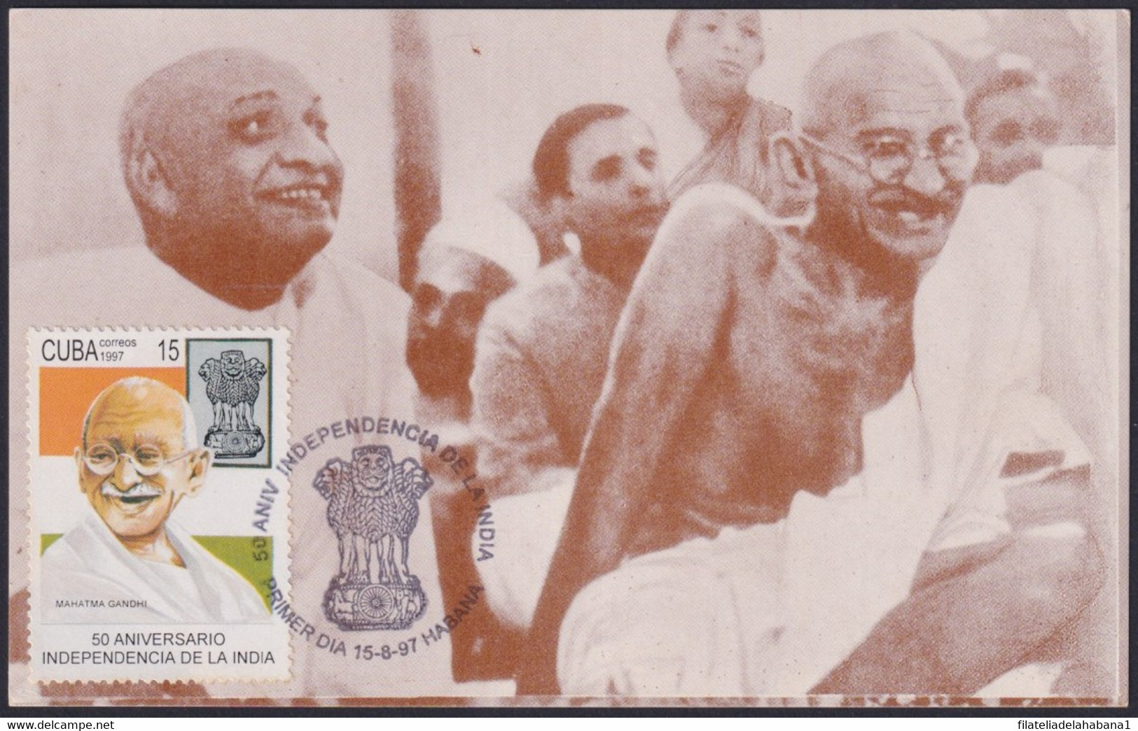 TMA-712 CUBA 1997 FDC SPECIAL CANCEL MAXIM CARD. INDIA MAHATMA GHANDI. - Cartes-maximum