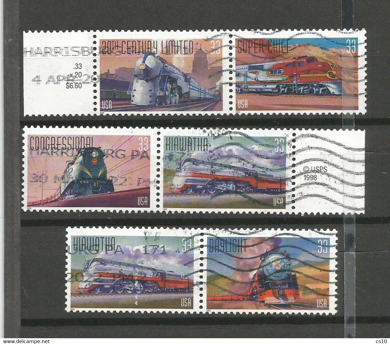 USA 1999 Trains & Locomotives - "All Aboard" - SC.#3333/37 Cpl 5v Set USED In Pairs - Strips & Multiples