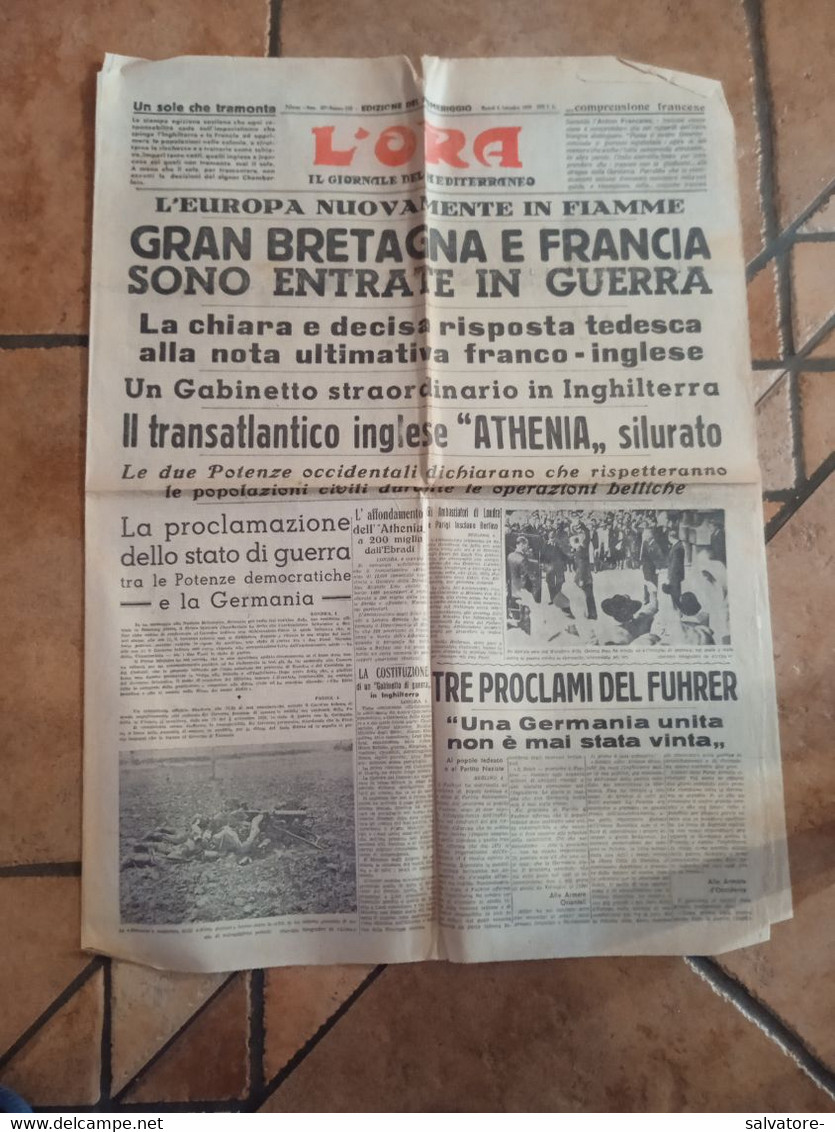 GIORNALE L'ORA - EDIZIONE DEL POMERIGGIO- 5 SETTEMBRE 1939 - Weltkrieg 1939-45