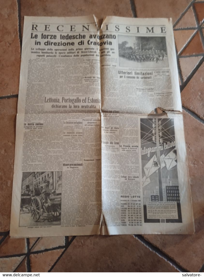 GIORNALE DI SICILIA 3 SETTEMBRE  1939 - War 1939-45