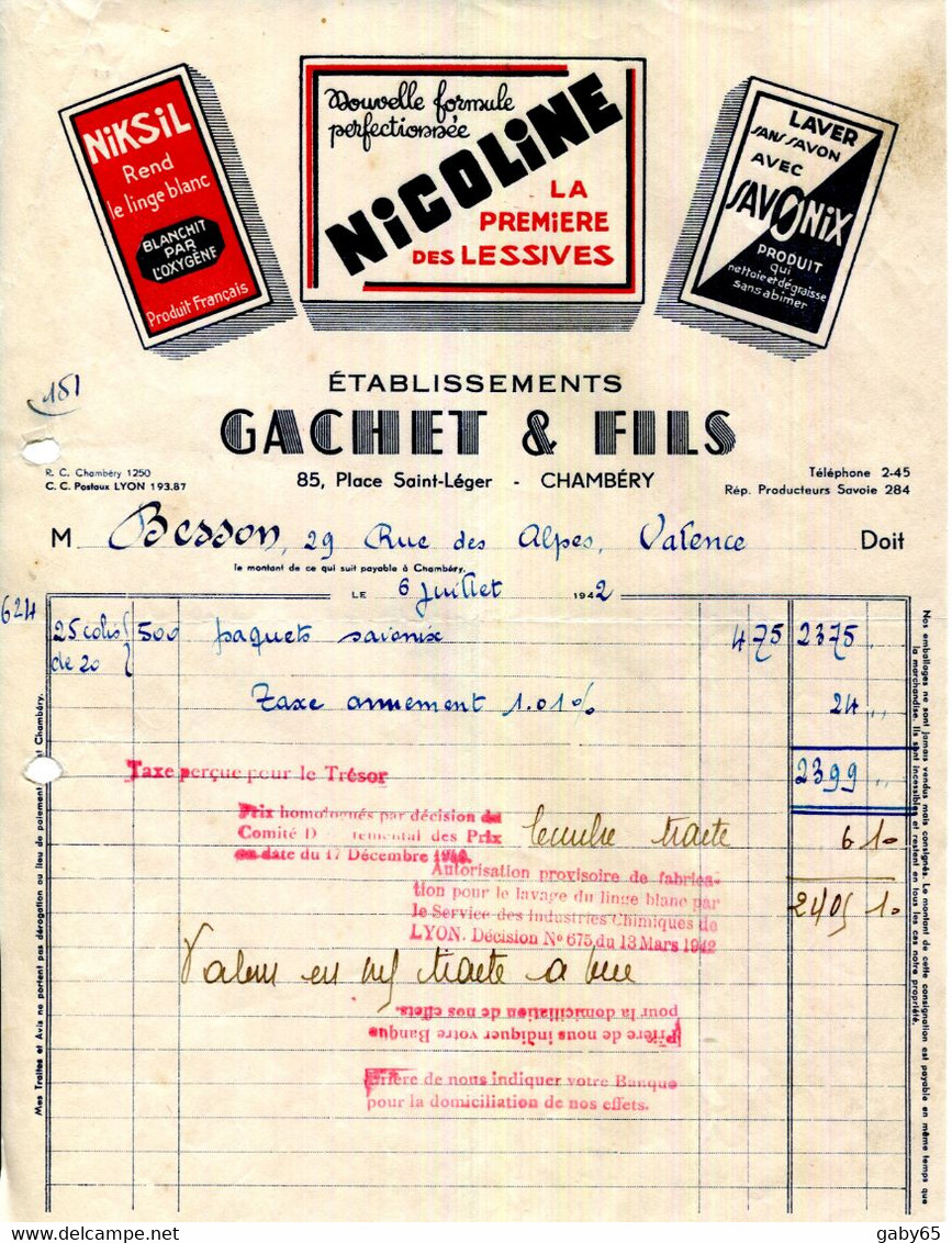 FACTURE.73.SAVOIE.CHAMBERY.LESSIVES.Ets.GACHET & FILS 85 PLACE SAINT LEGER. - Drogerie & Parfümerie