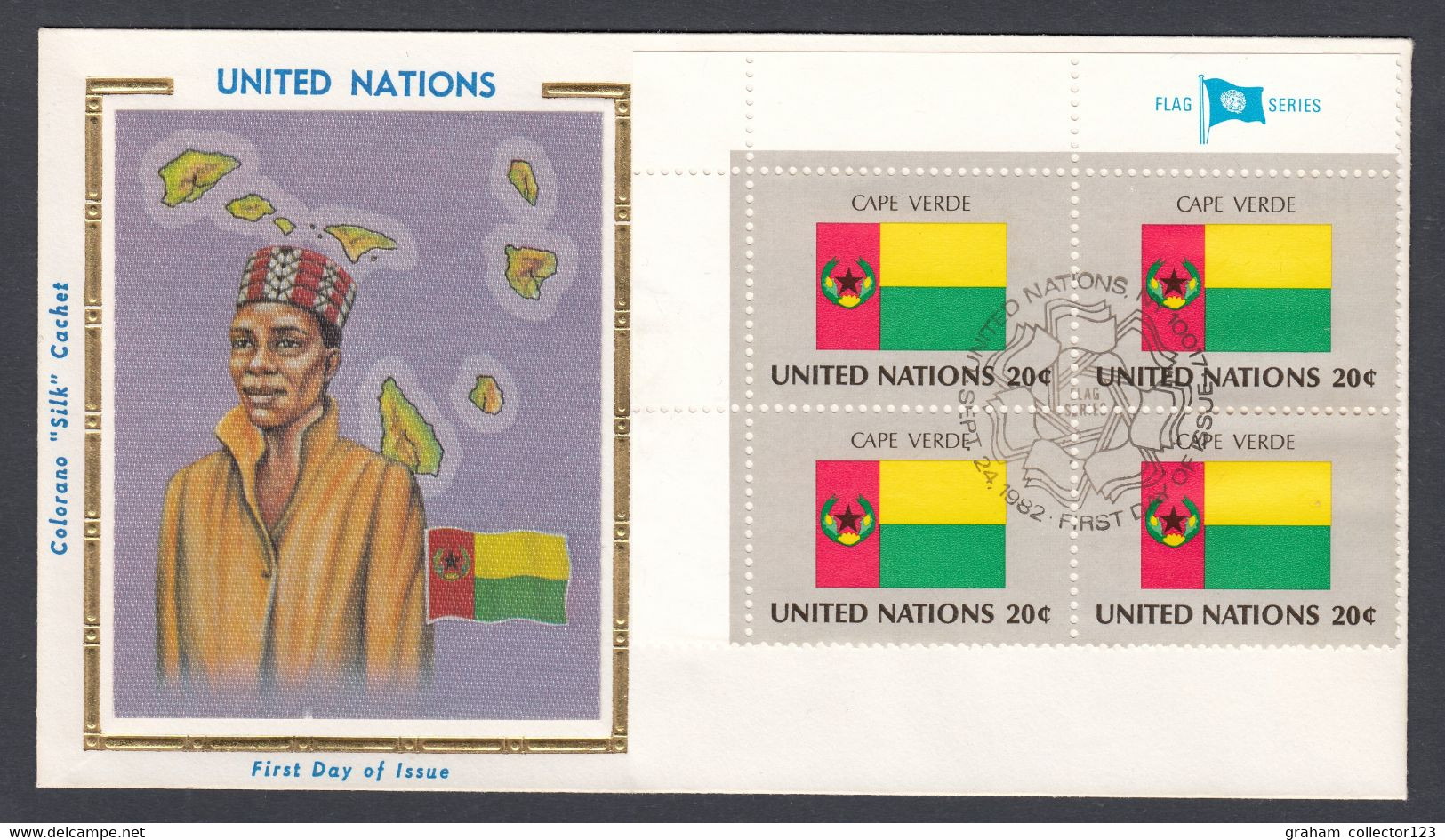 UN United Nations Flag Series Block Of Stamps On First Day Cover Cape Verde Flag 1982 - Brieven En Documenten
