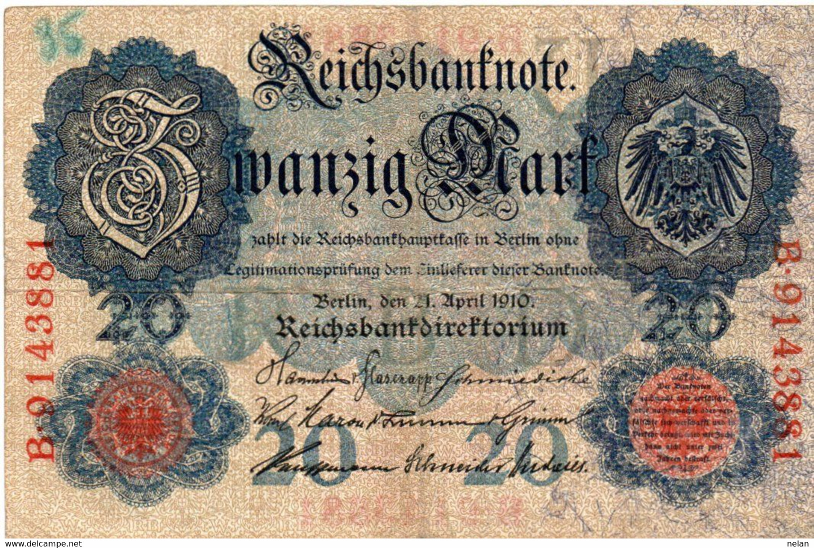 GERMANY- 20 MARK 1910  -P-40b, Ros:R-40b  - VF -LETERA   U - 20 Mark