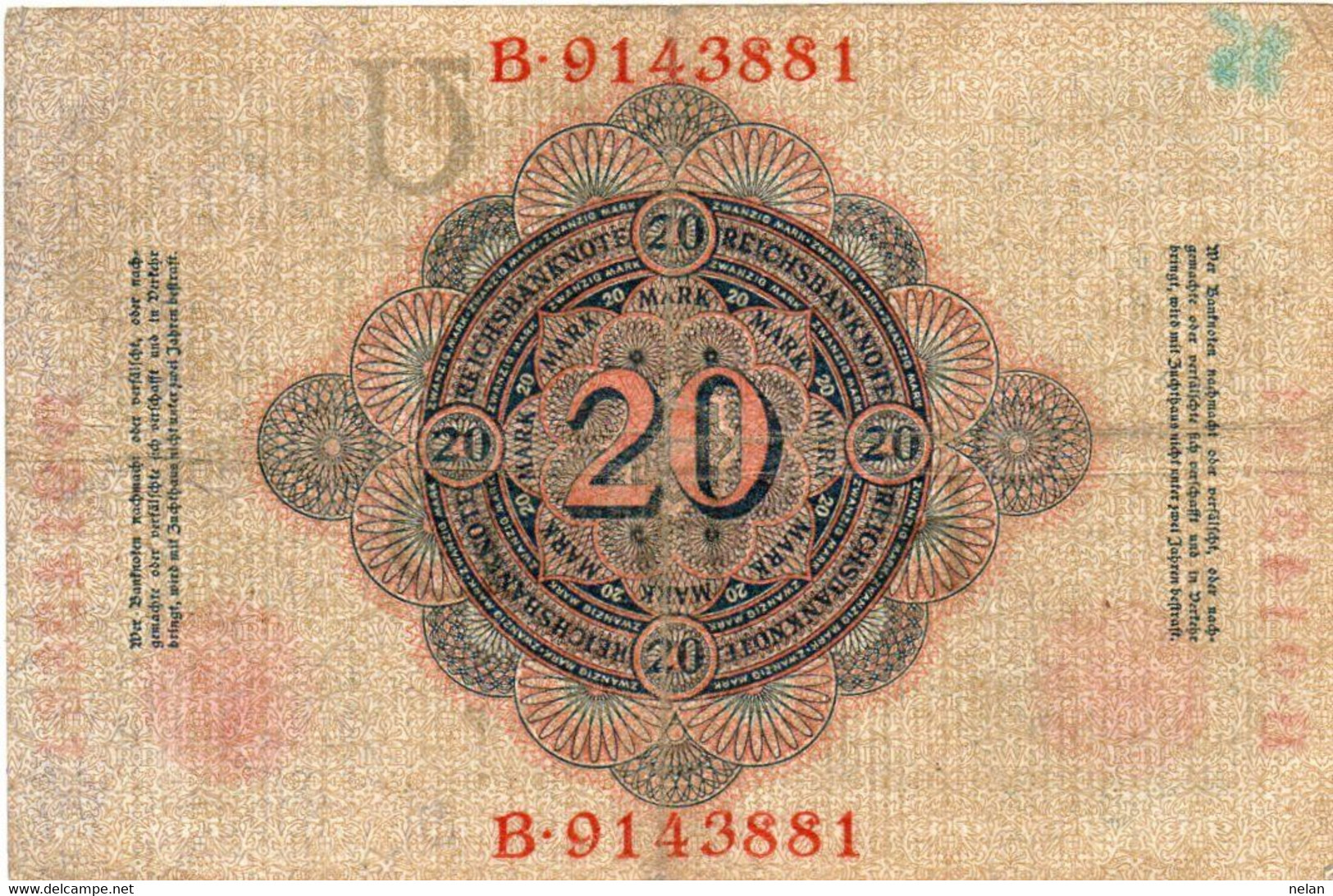 GERMANY- 20 MARK 1910  -P-40b, Ros:R-40b  - VF -LETERA   U - 20 Mark