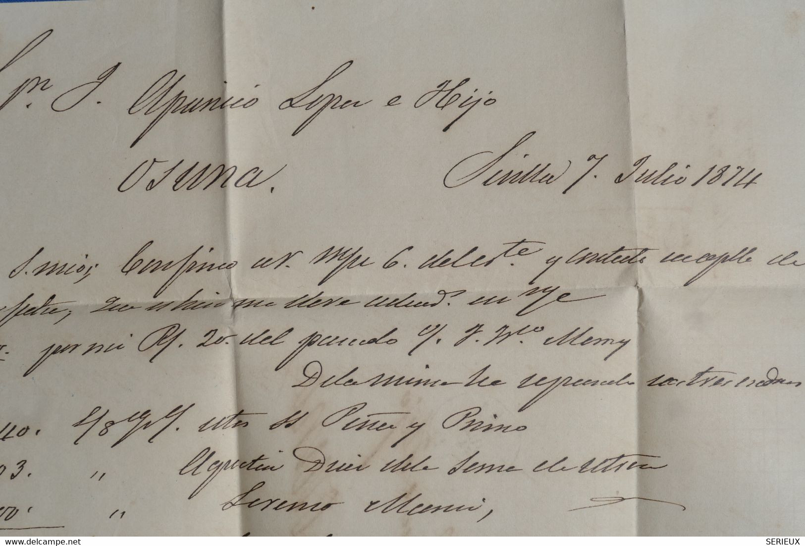 N30 ESPANA BELLE LETTRE 1874  + ANDALUCIA   BAJA   SEVILLA POUR OSUNA   +++++ AFFRANCH.  INTERESSANT - Cartas & Documentos