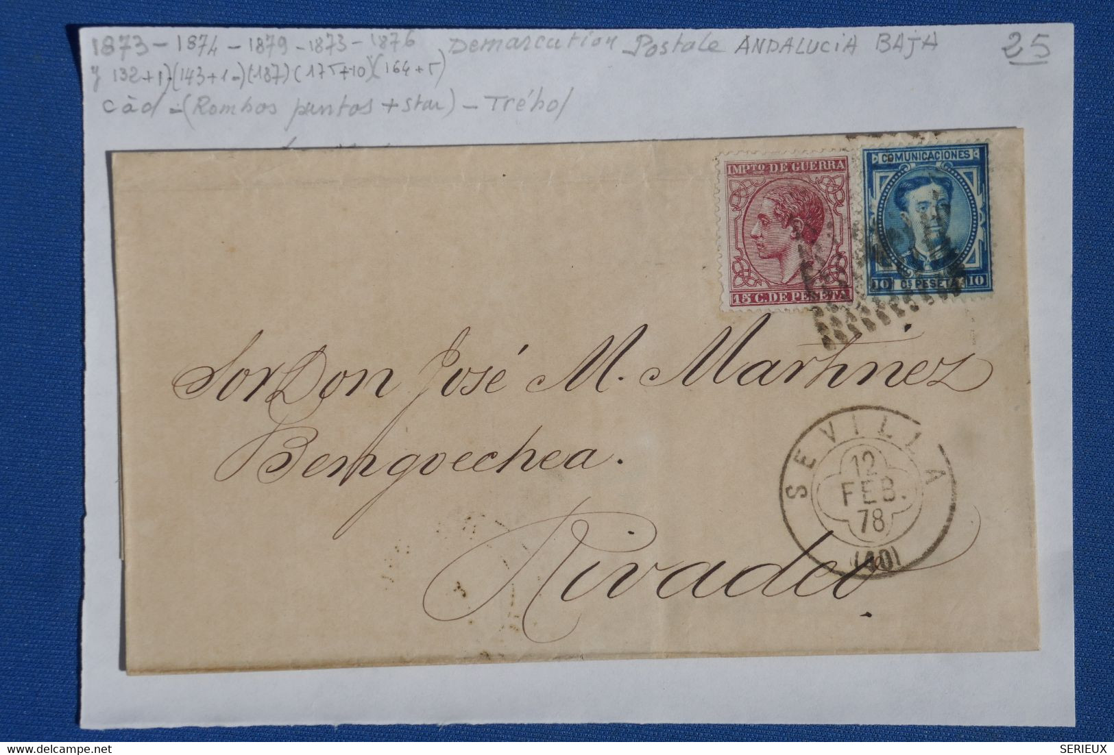 N30 ESPANA BELLE LETTRE 1878  + ANDALUCIA   BAJA   SEVILLA POUR RIVADEO   +++++ AFFRANCH.  INTERESSANT - Storia Postale