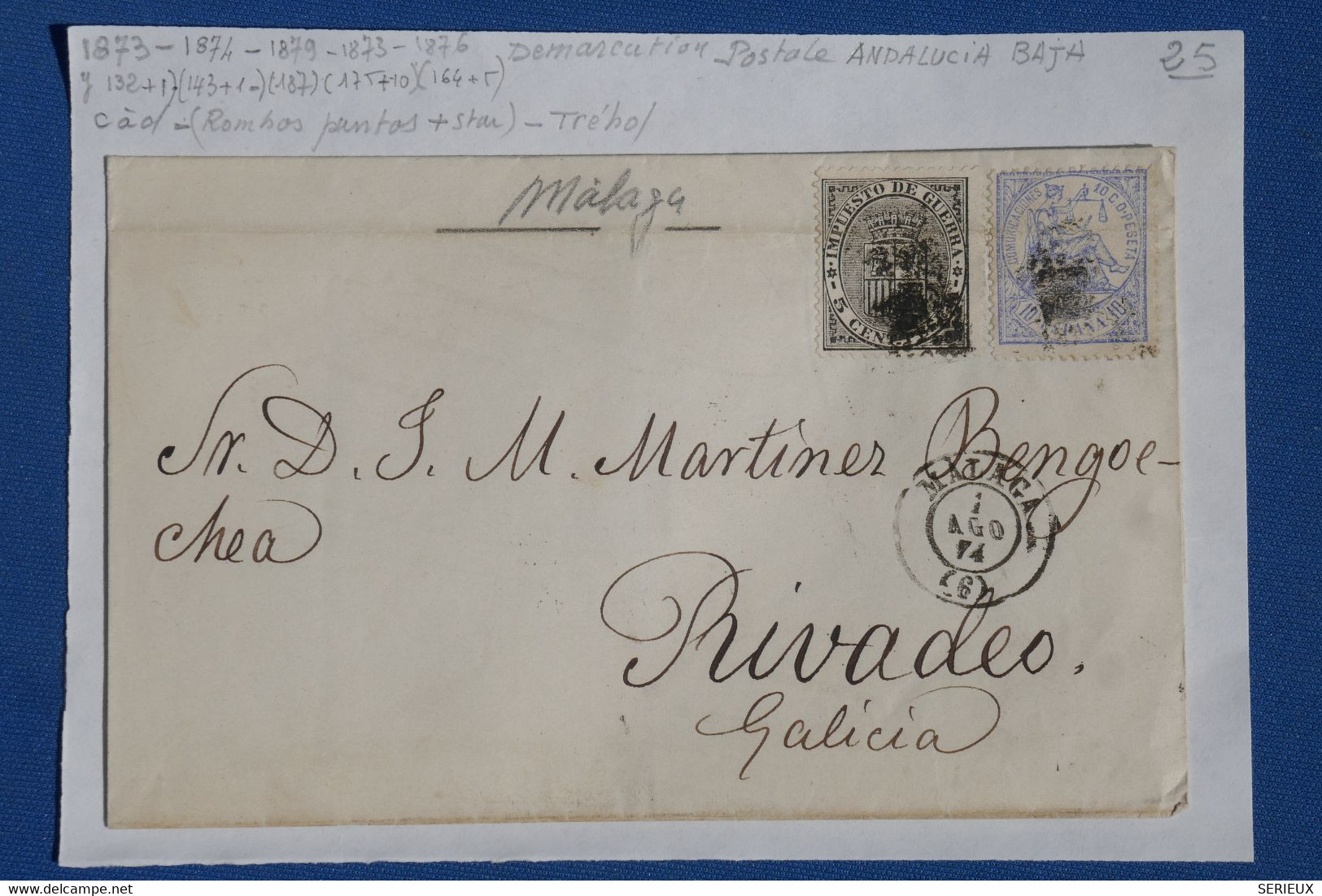 N30 ESPANA BELLE LETTRE 1874  + ANDALUCIA   BAJA  MALAGA  POUR  RIVADEO    +++++ AFFRANCH.  INTERESSANT - Briefe U. Dokumente