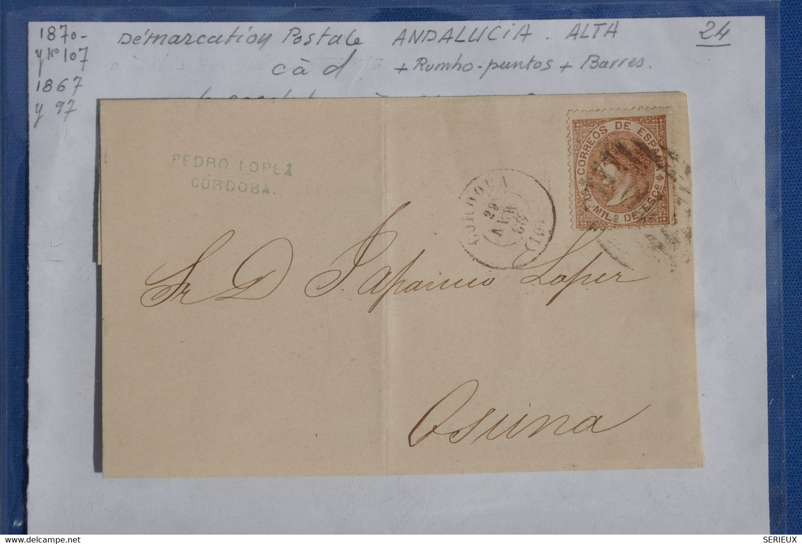 N1 ESPANA BELLE LETTRE 1866 + ANDALUCIA  ALTA CORDOBA   POUR OSUNA +++++ AFFRANCH.  INTERESSANT - Briefe U. Dokumente