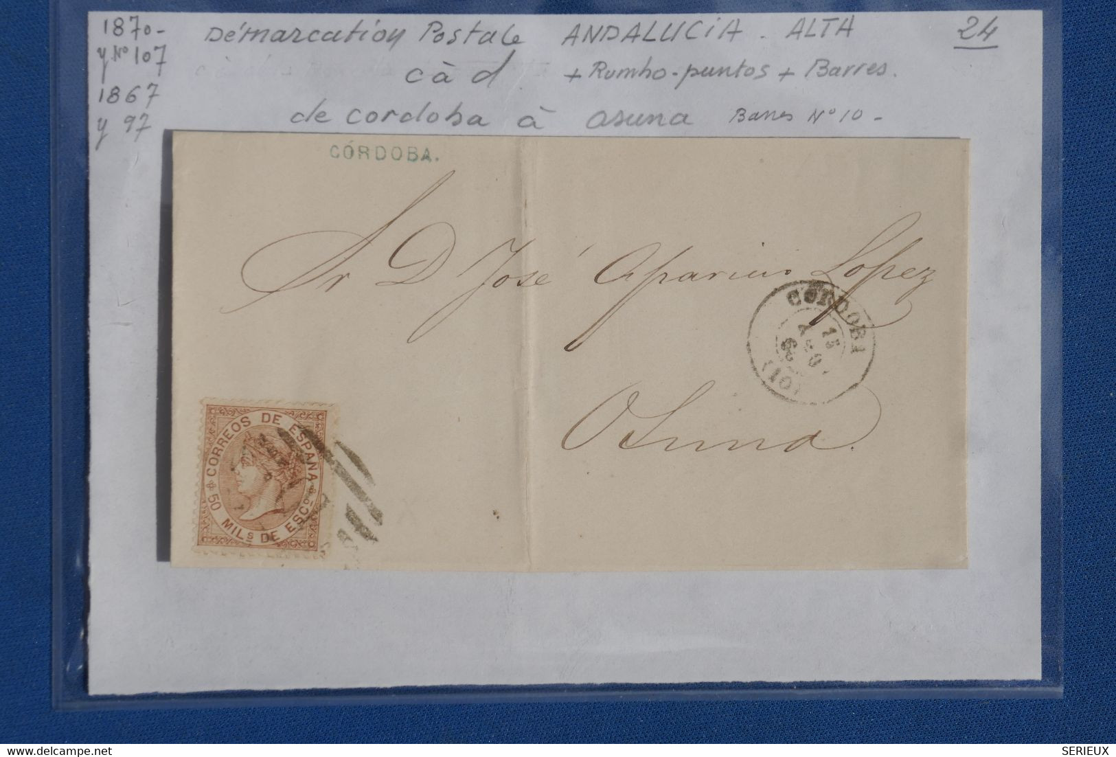 N1 ESPANA BELLE LETTRE 1868 + ANDALUCIA  ALTA CORDOBA   POUR OSUNA +++++ AFFRANCH.  INTERESSANT - Briefe U. Dokumente