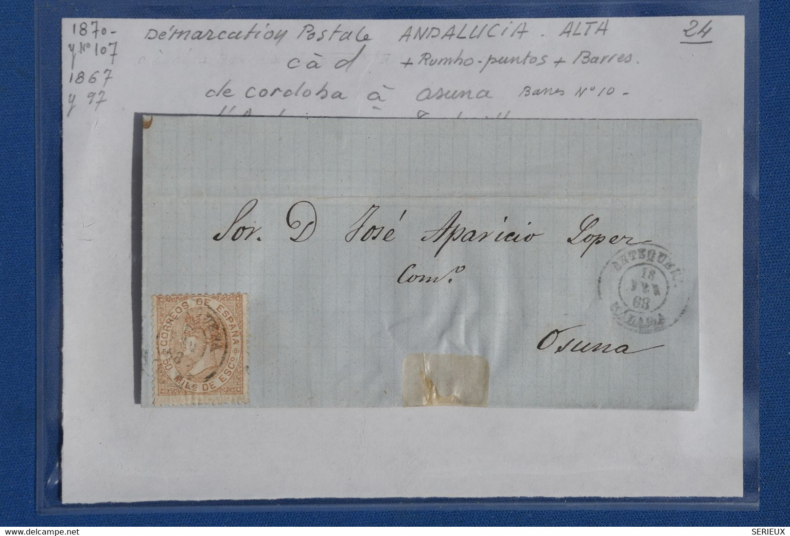 N4 ESPANA BELLE LETTRE 1868 + ANDALUCIA  ALTA PETIT BUREAU ANTEQUERA  POUR OSUNA+ AFFRANCH.  INTERESSANT - Covers & Documents