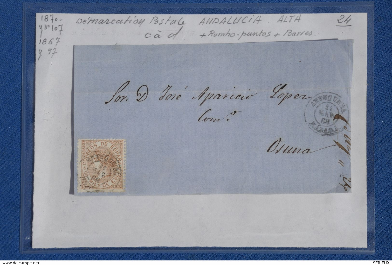 N4 ESPANA  LETTRE DEVANT 1868 + ANDALUCIA  ALTA PETIT BUREAU ANTEQUERA  POUR OSUNA+ AFFRANCH.  INTERESSANT - Briefe U. Dokumente