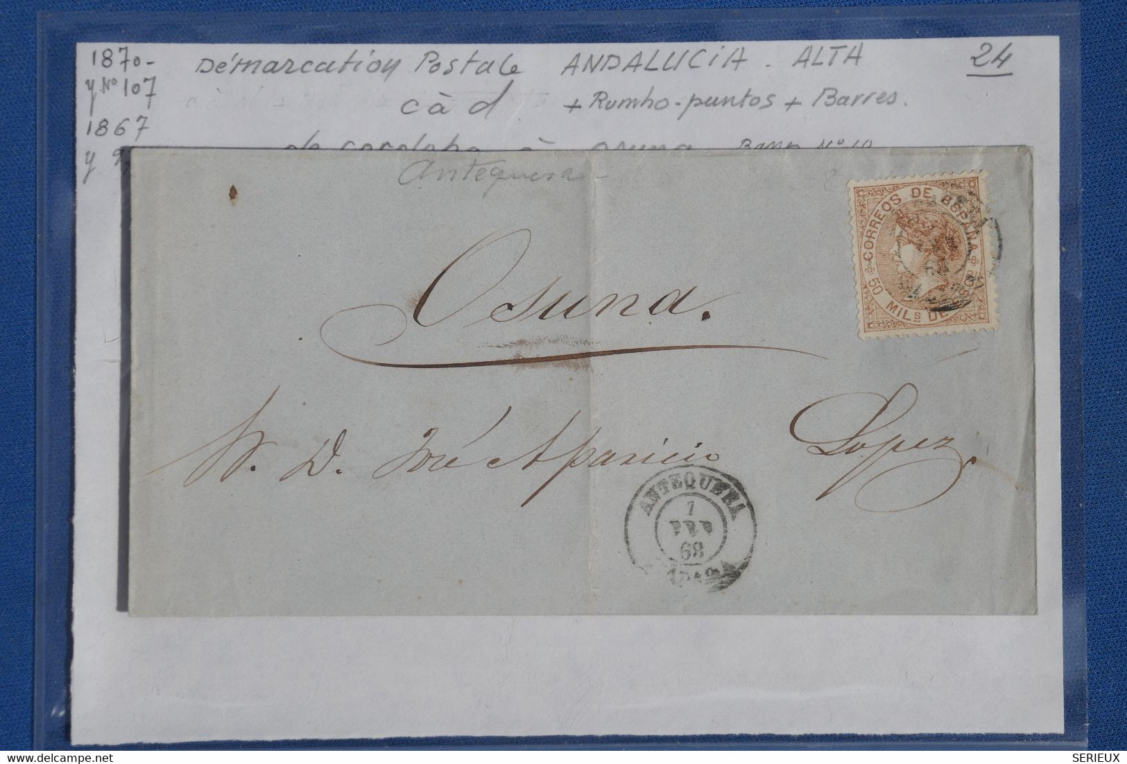 N5 ESPANA BELLE  LETTRE  1868 + ANDALUCIA  ALTA PETIT BUREAU ANTEQUERA  POUR OSUNA+ AFFRANCH.  INTERESSANT - Storia Postale