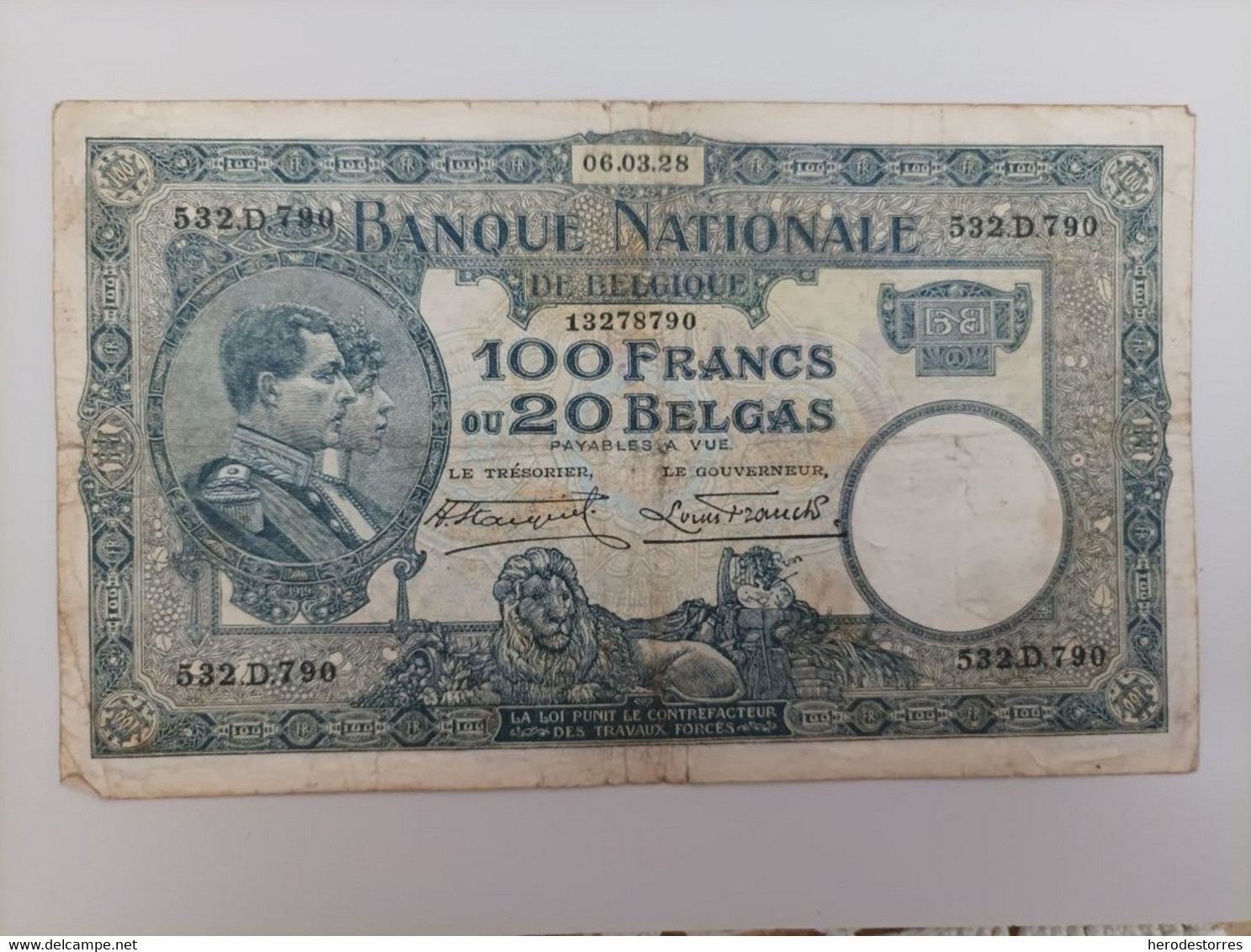 Billete De Bélgica De 100 Francs, Año 1928 - 100 Francs & 100 Francs-20 Belgas