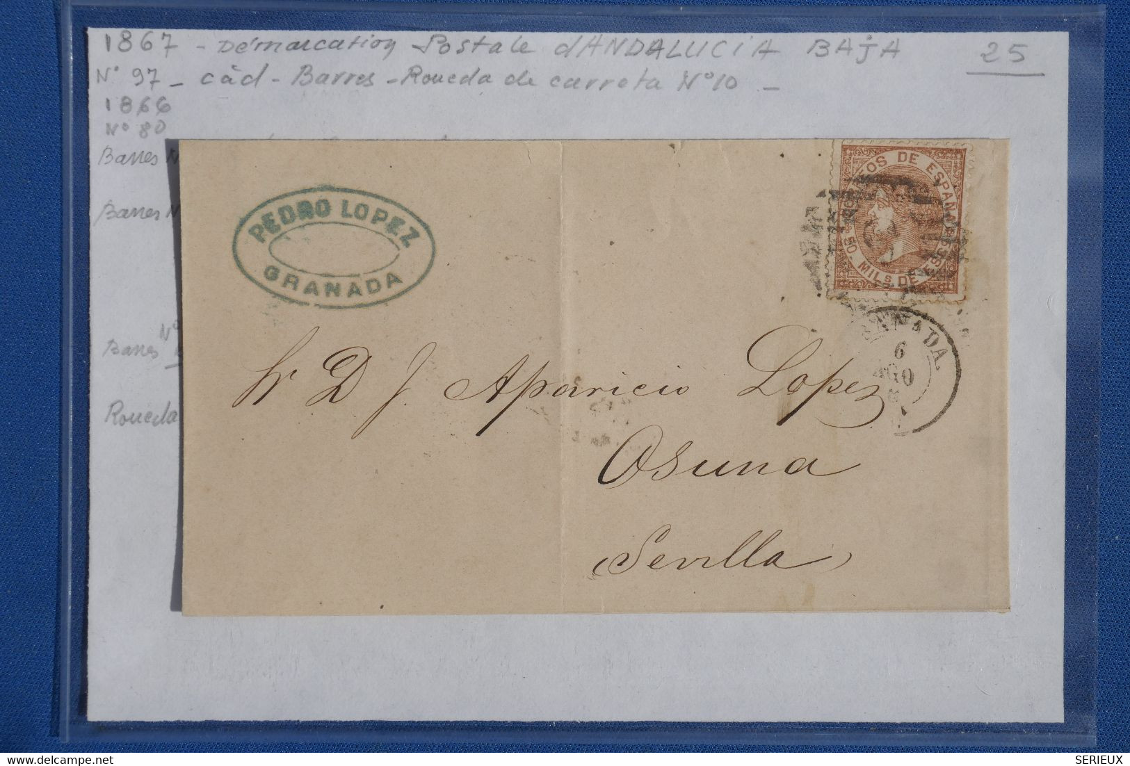 N7 ESPANA BELLE  LETTRE  1866 + ANDALUCIA  BAJA  GRANADA   POUR OSUNA ++BARRES N°5+ AFFRANCH.  INTERESSANT - Storia Postale