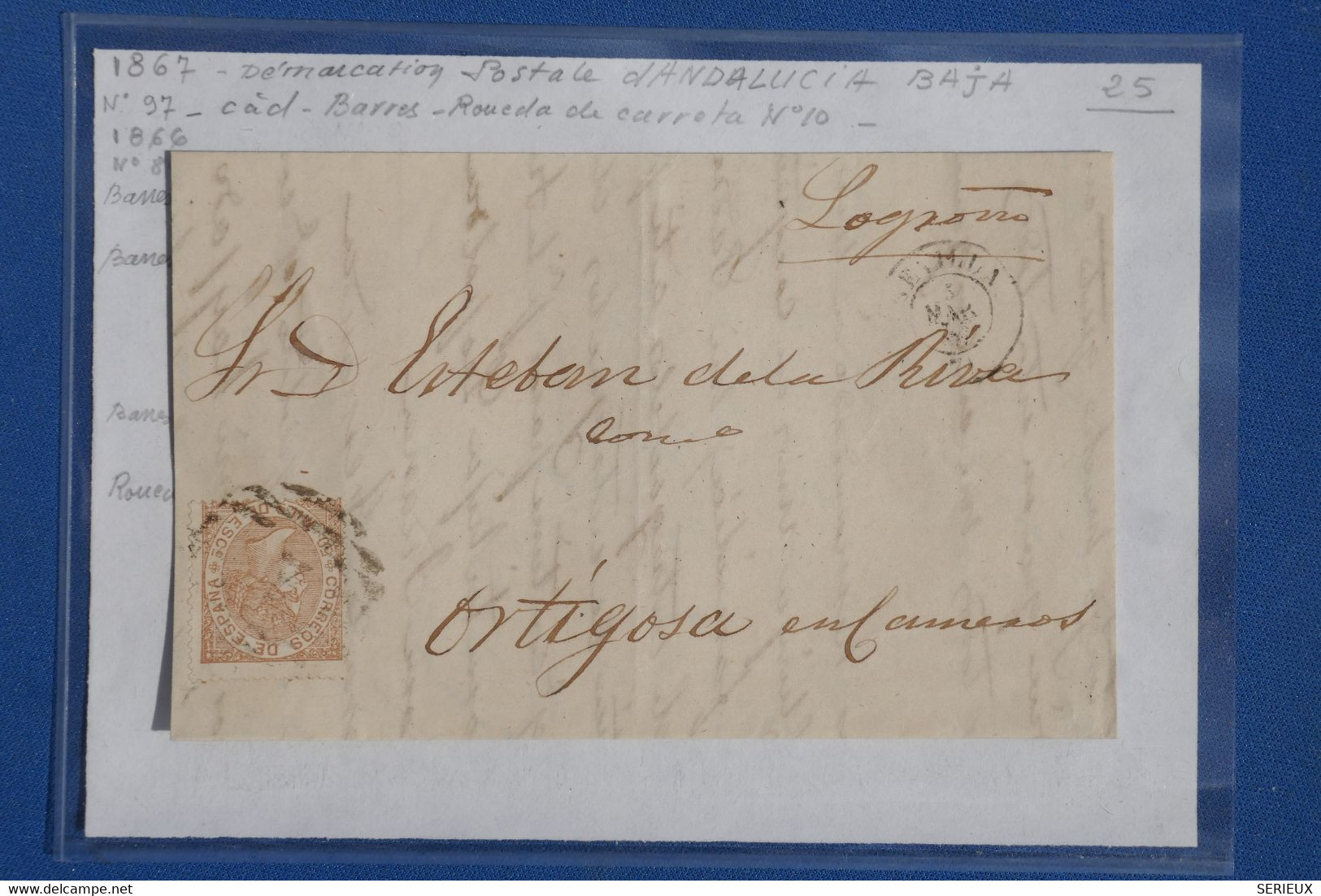 N8 ESPANA BELLE  LETTRE  1866 + ANDALUCIA  BAJA  SEVILLA  POUR ORTIGOSA  ++BARRES N°7+ AFFRANCH.  INTERESSANT - Covers & Documents