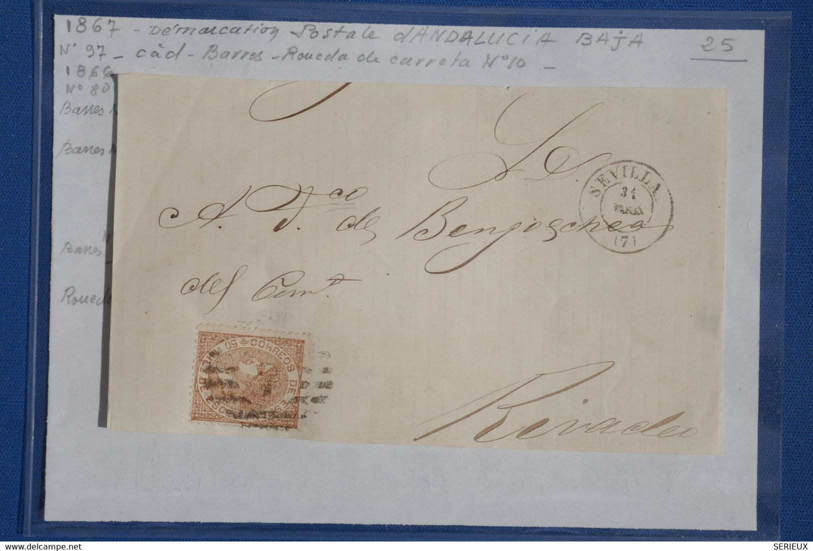 N8 ESPANA   LETTRE DEVANT 1866 + ANDALUCIA  BAJA  SEVILLA  POUR RIVADEO  ++BARRES N°7+ AFFRANCH.  INTERESSANT - Storia Postale