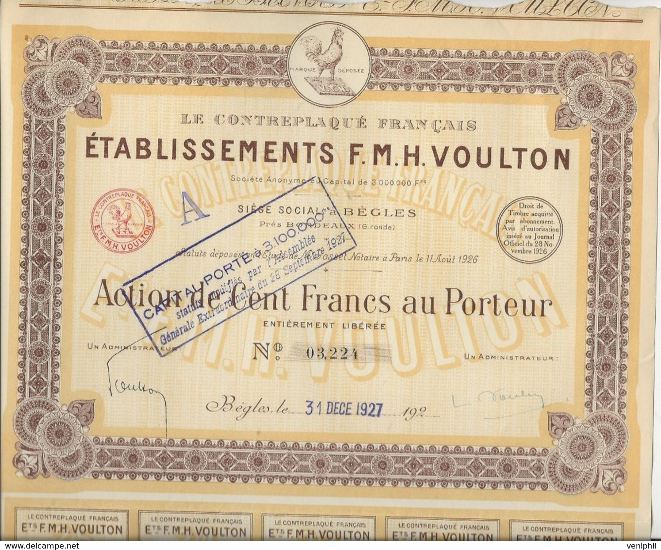 LE CONTREPLAQUE FRANCAIS -ETAB . F.M. VOULTON -BEGLES -ACTION DE 100 FRS - ANNEE 1927 - Industrie