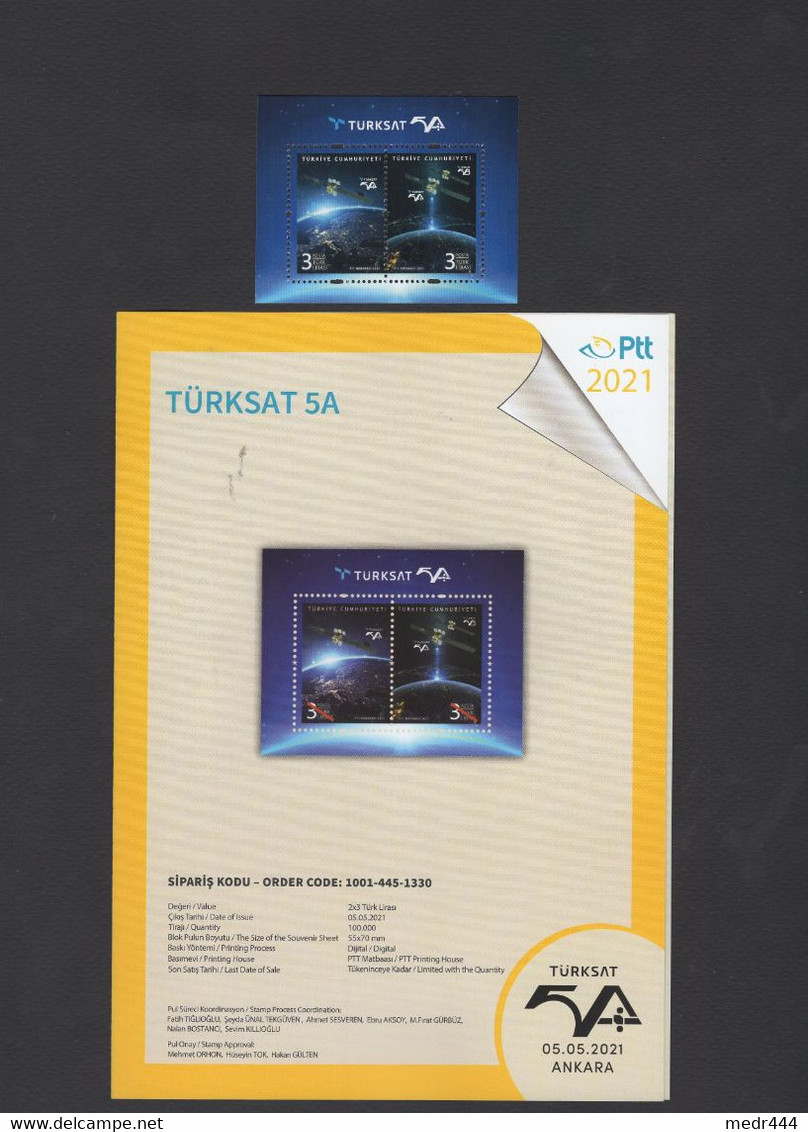 Turkey/Turquie 2021 - Turksat 5A - Souvenir Sheet + Flyer - Superb*** - Excellent Quality - Brieven En Documenten