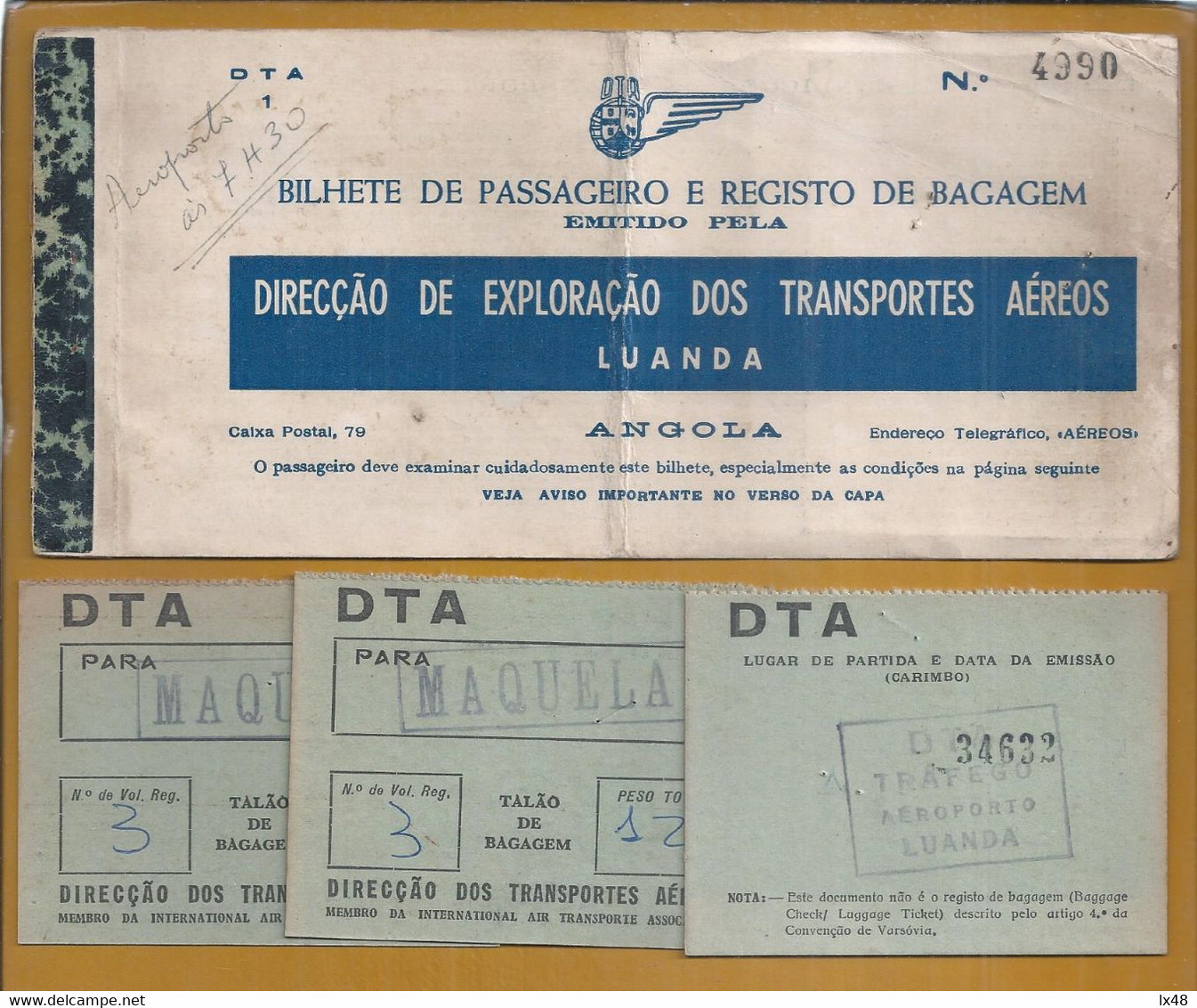 Rare Plane Ticket From DTA - Directorate Of Transports Aéreos De Angola From Luanda To Maquela 1945. Flugticket Von DTA - Monde