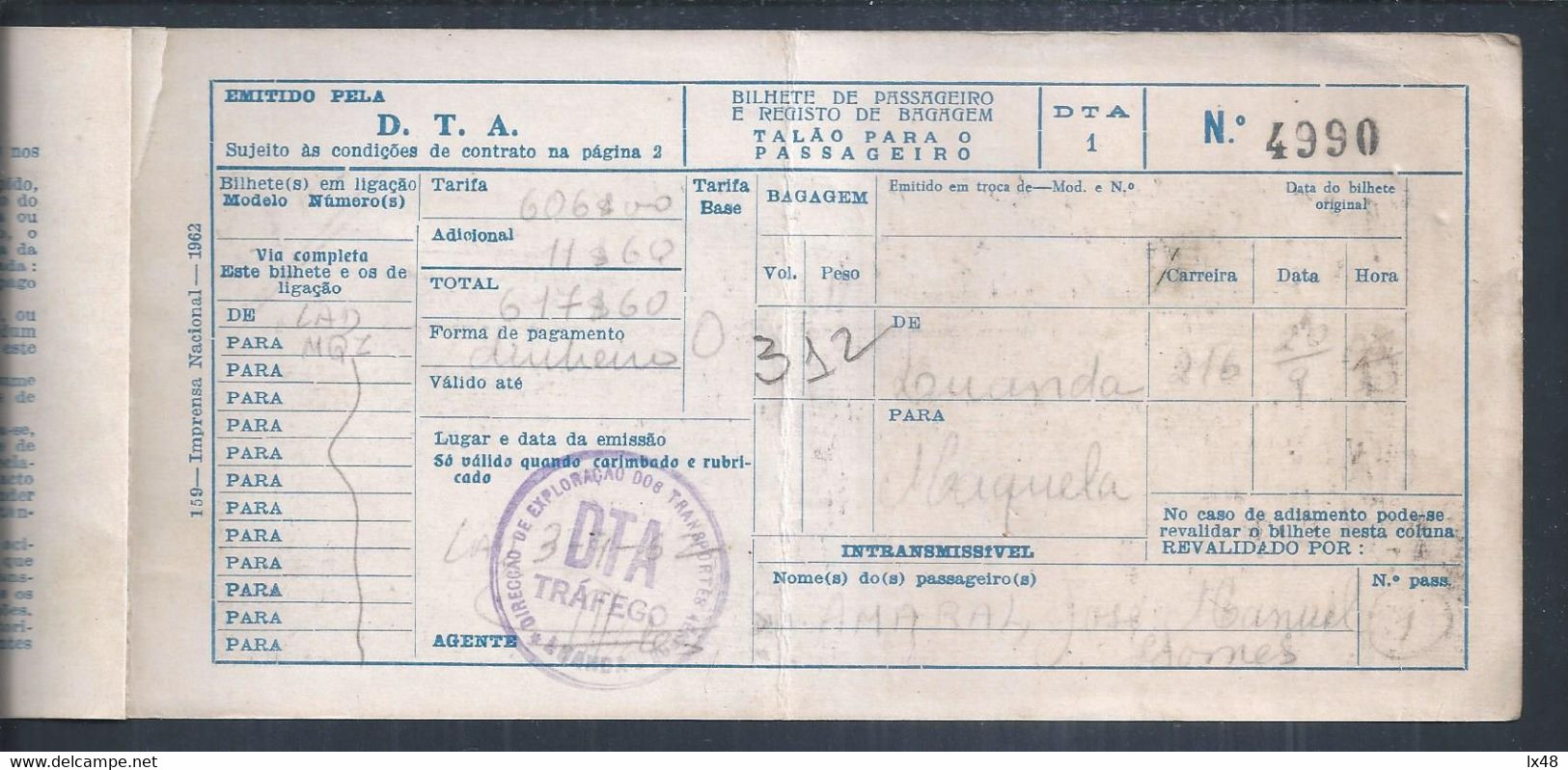 Rare Plane Ticket From DTA - Directorate Of Transports Aéreos De Angola From Luanda To Maquela 1945. Flugticket Von DTA - Wereld