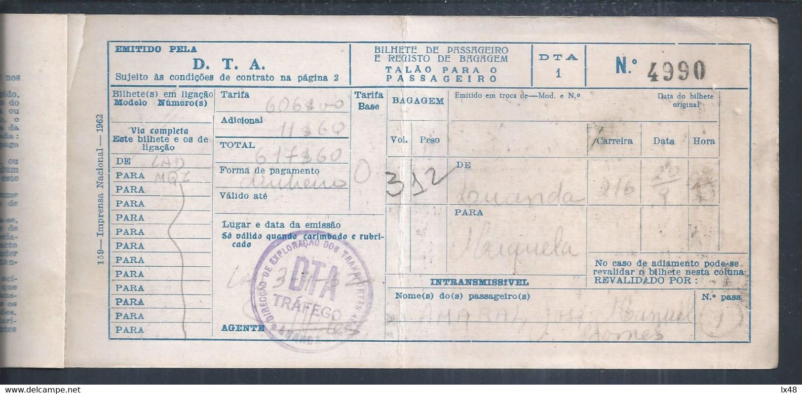Rare Plane Ticket From DTA - Directorate Of Transports Aéreos De Angola From Luanda To Maquela 1945. Flugticket Von DTA - World
