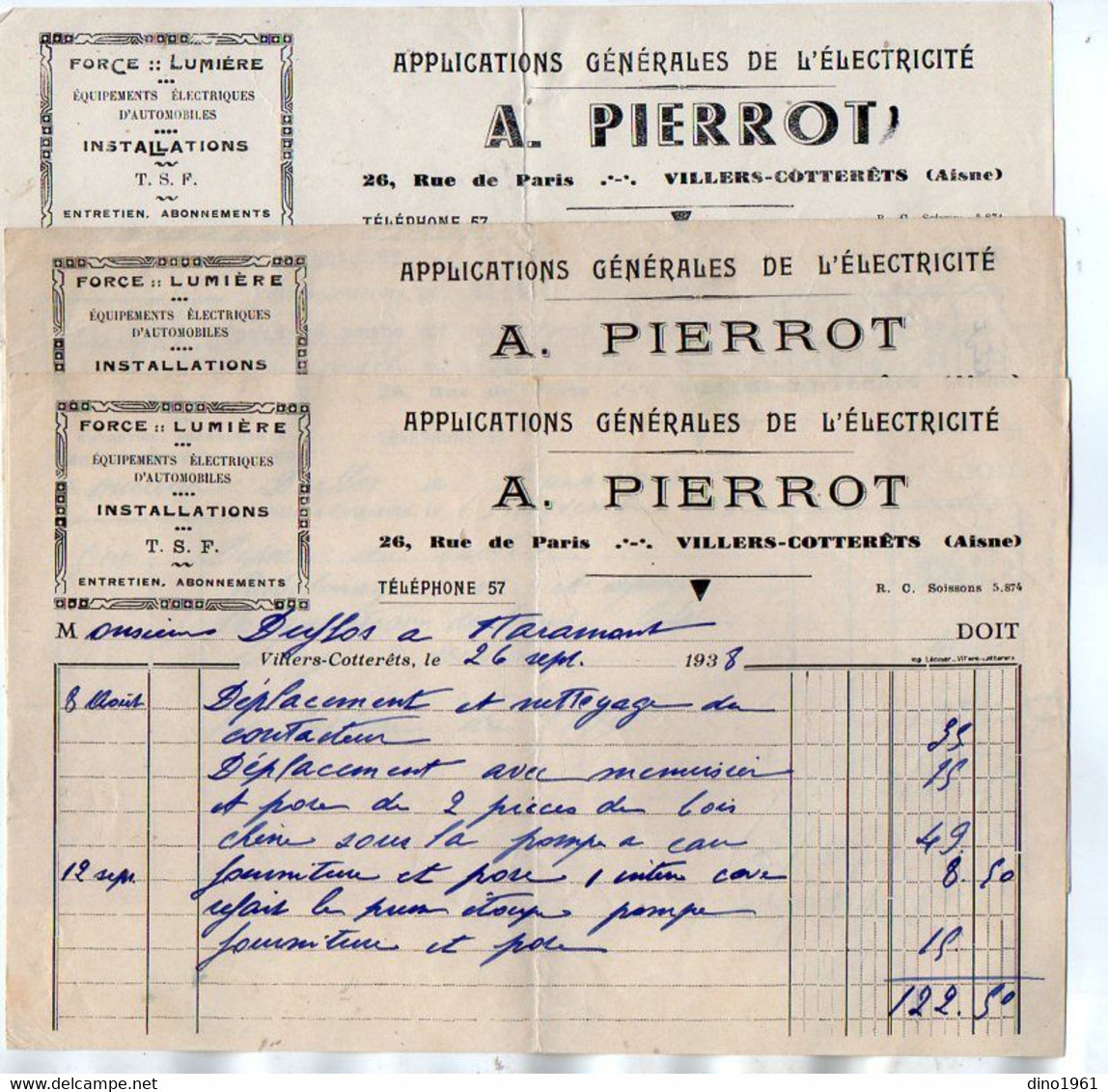 VP19.699 - 1938 / 39 - 3 Factures - Electricité A. PIERROT à VILLERS - COTTERETS Pour Mr DUFLOS à HARAMONT - Electricité & Gaz