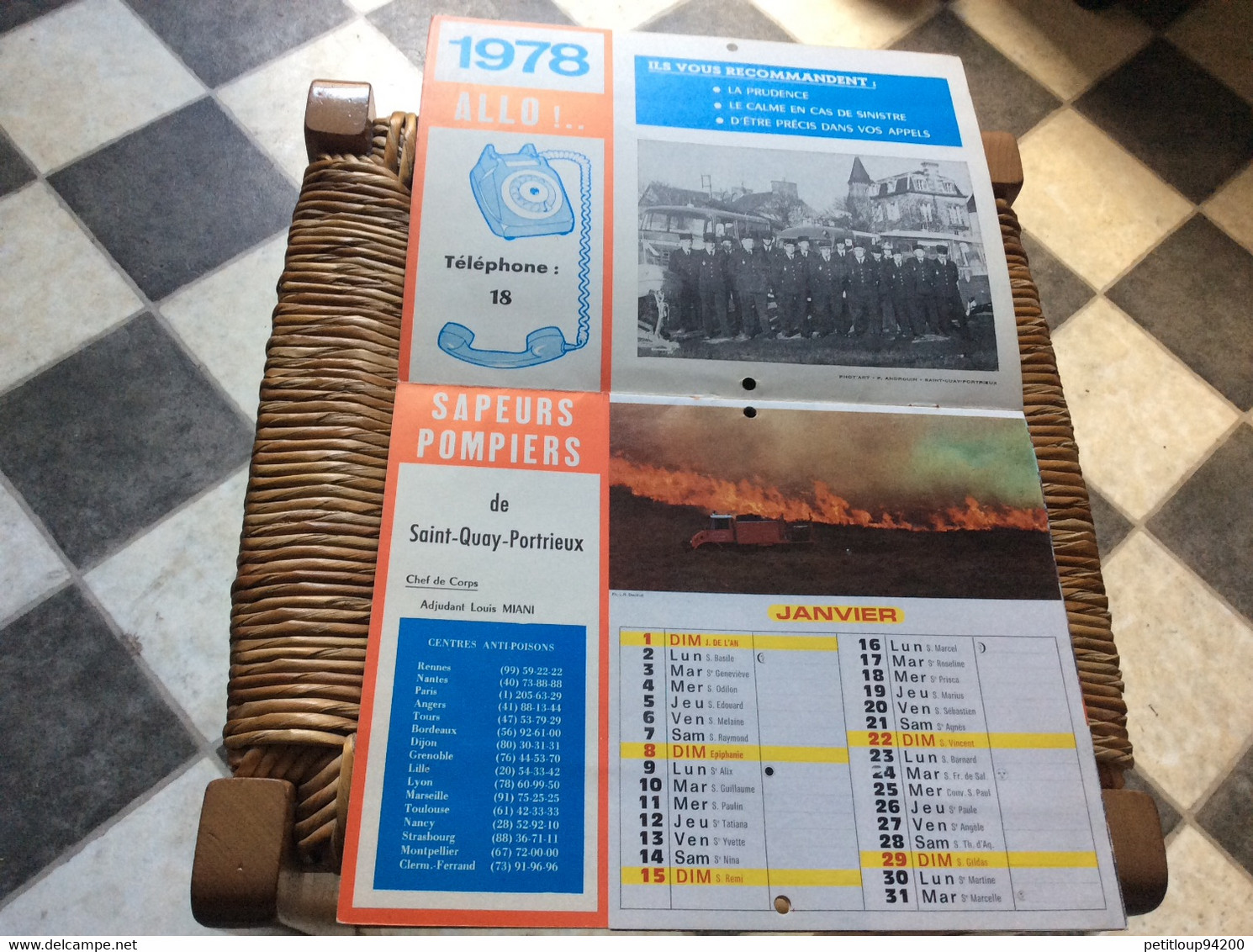 CALENDRIER-ALMANACH  Sapeurs-Pompiers  GRAND FORMAT  Ville De St-QUAY-PORTRIEUX  Année 1978 - Big : 1971-80