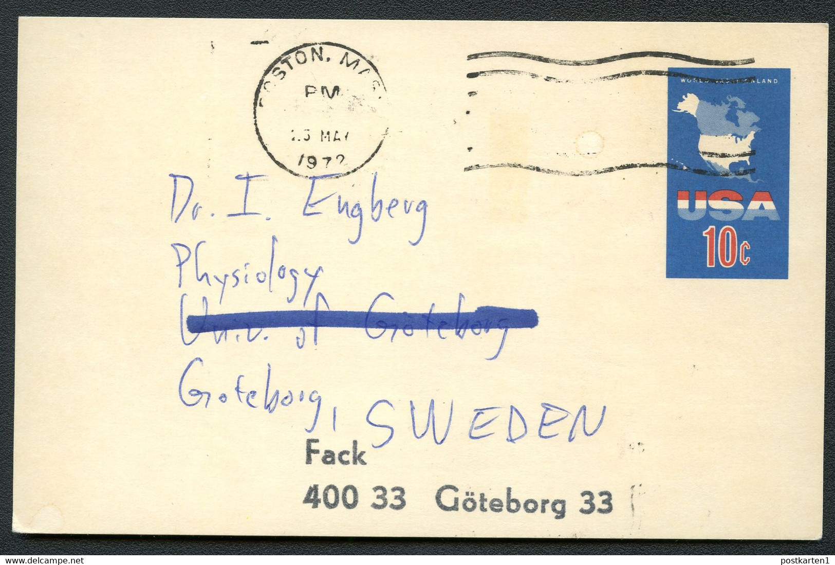 UX59 UPSS S78 Postal Card Properly Used Boston MA To Sweden 1972 Cat. $85.00 - 1961-80