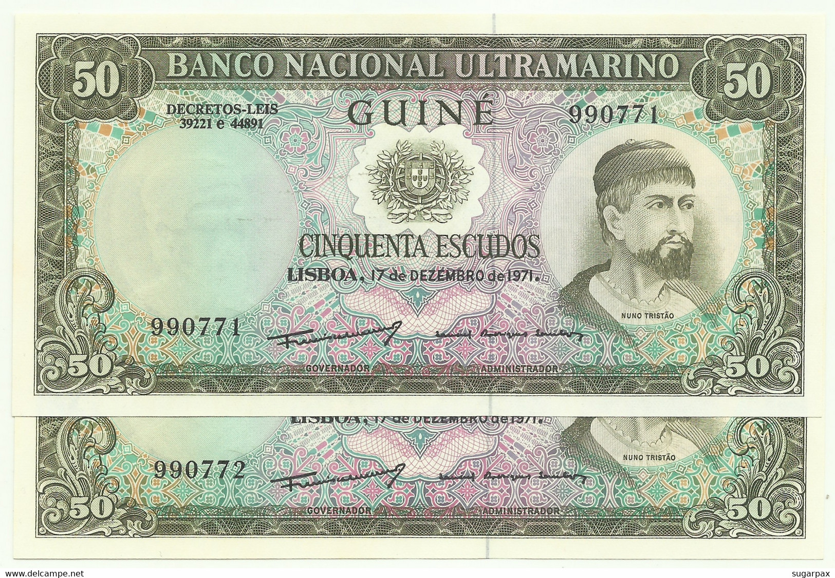 Guiné-Bissau - 2 X 50 Escudos Consecutive - 17.12.1971 - P 44 - Unc. - Sign Varieties - Nuno Tristão - PORTUGAL - Guinee-Bissau