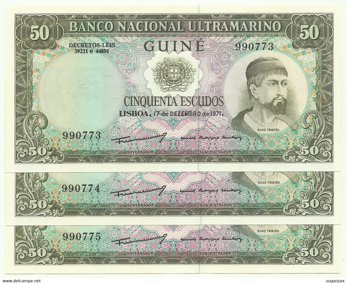 Guiné-Bissau - 3 X 50 Escudos Consecutive - 17.12.1971 - P 44 - Unc. - Sign Varieties - Nuno Tristão - PORTUGAL - Guinee-Bissau