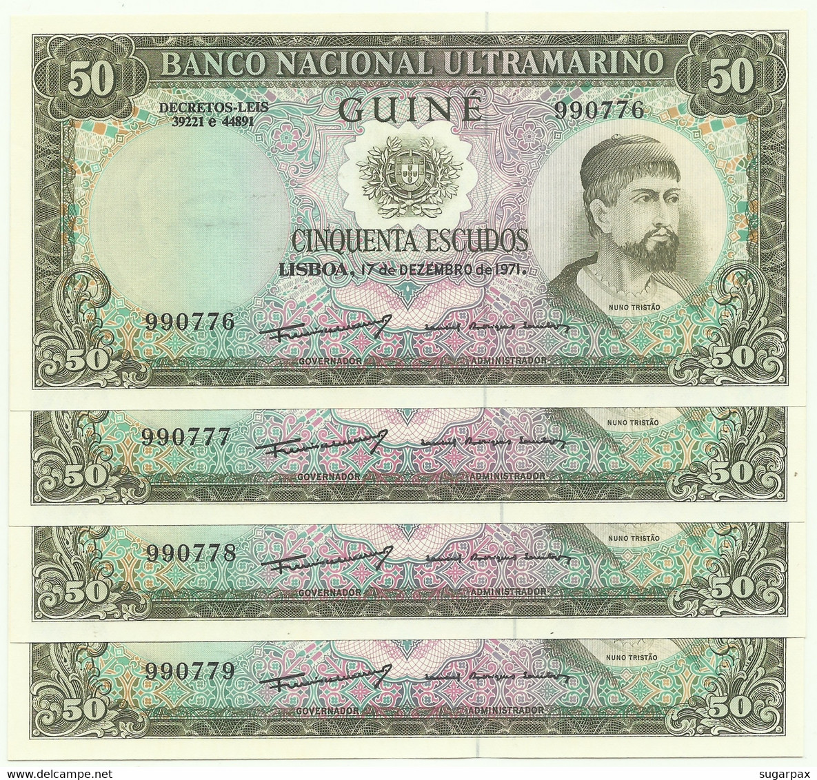 Guiné-Bissau - 4 X 50 Escudos Consecutive - 17.12.1971 - P 44 - Unc. - Sign Varieties - Nuno Tristão - PORTUGAL - Guinea–Bissau